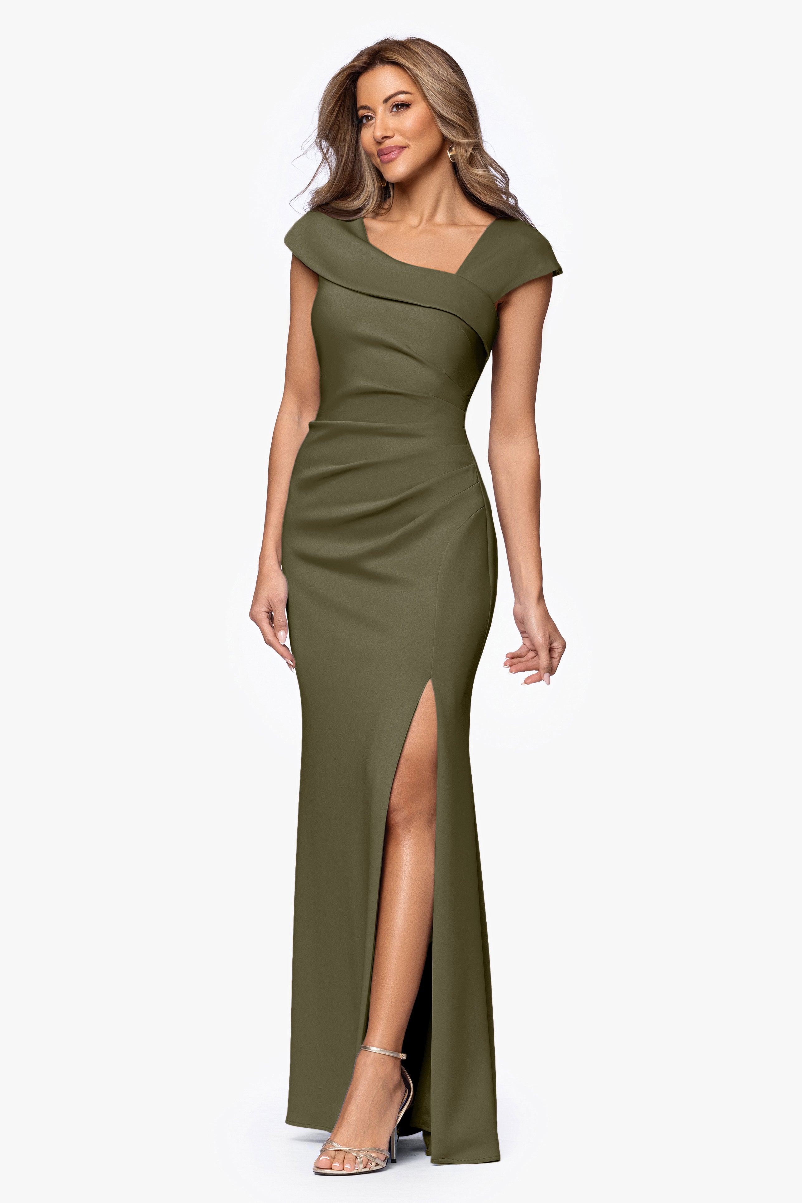 Petite "Lenore " Long Asymmetrical Neckline Techno Scuba Dress