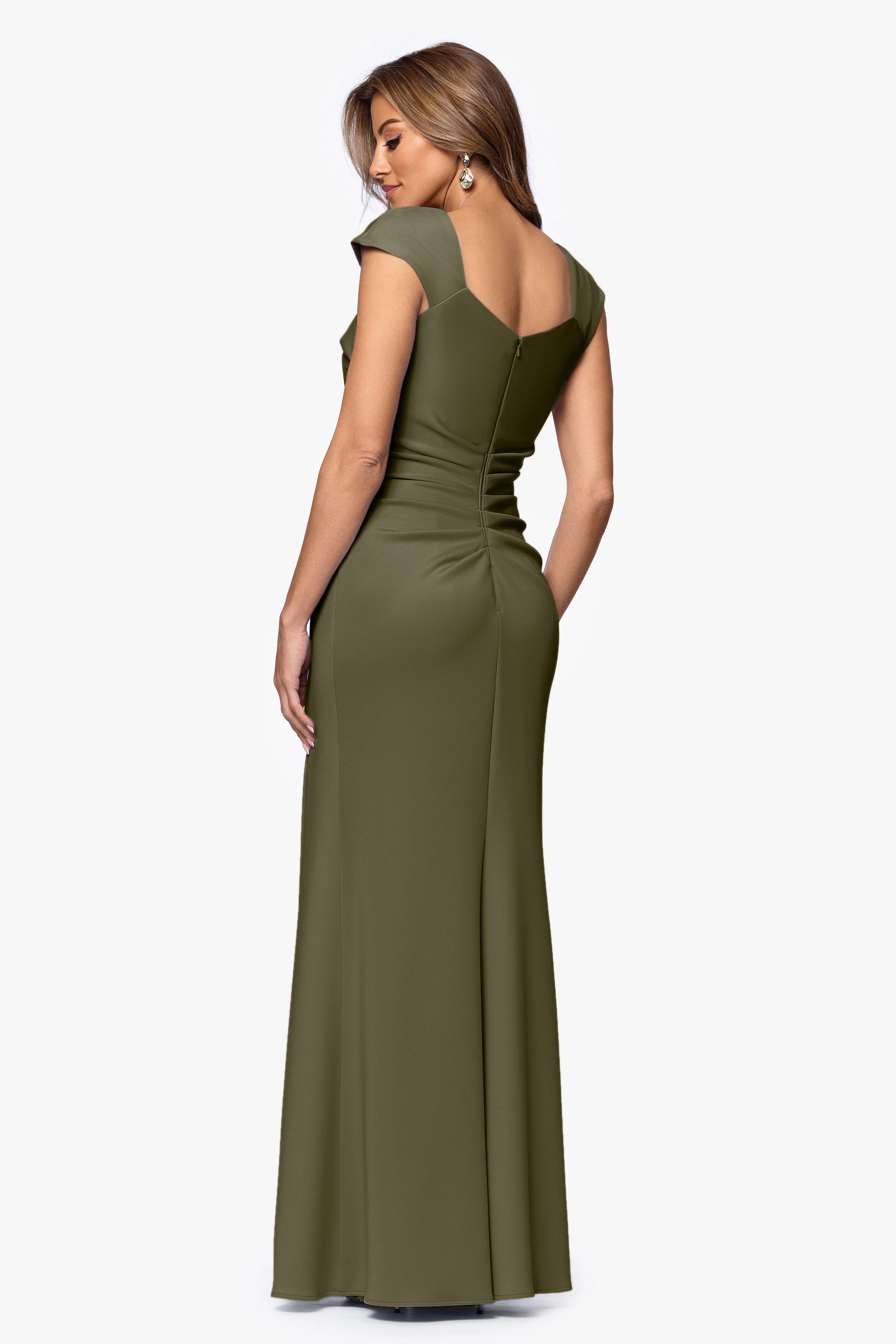 Petite "Lenore " Long Asymmetrical Neckline Techno Scuba Dress