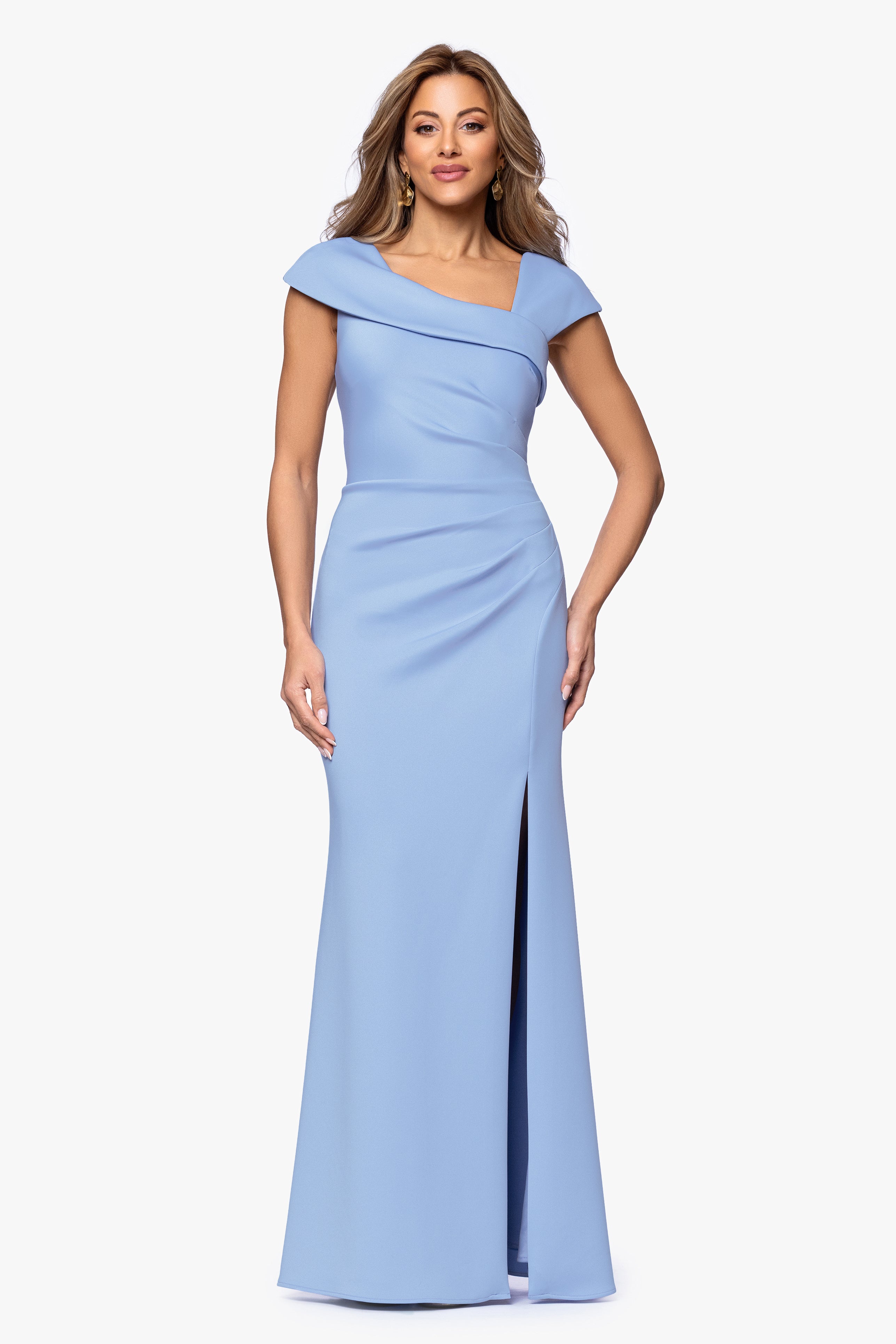 Petite "Lenore " Long Asymmetrical Neckline Techno Scuba Dress