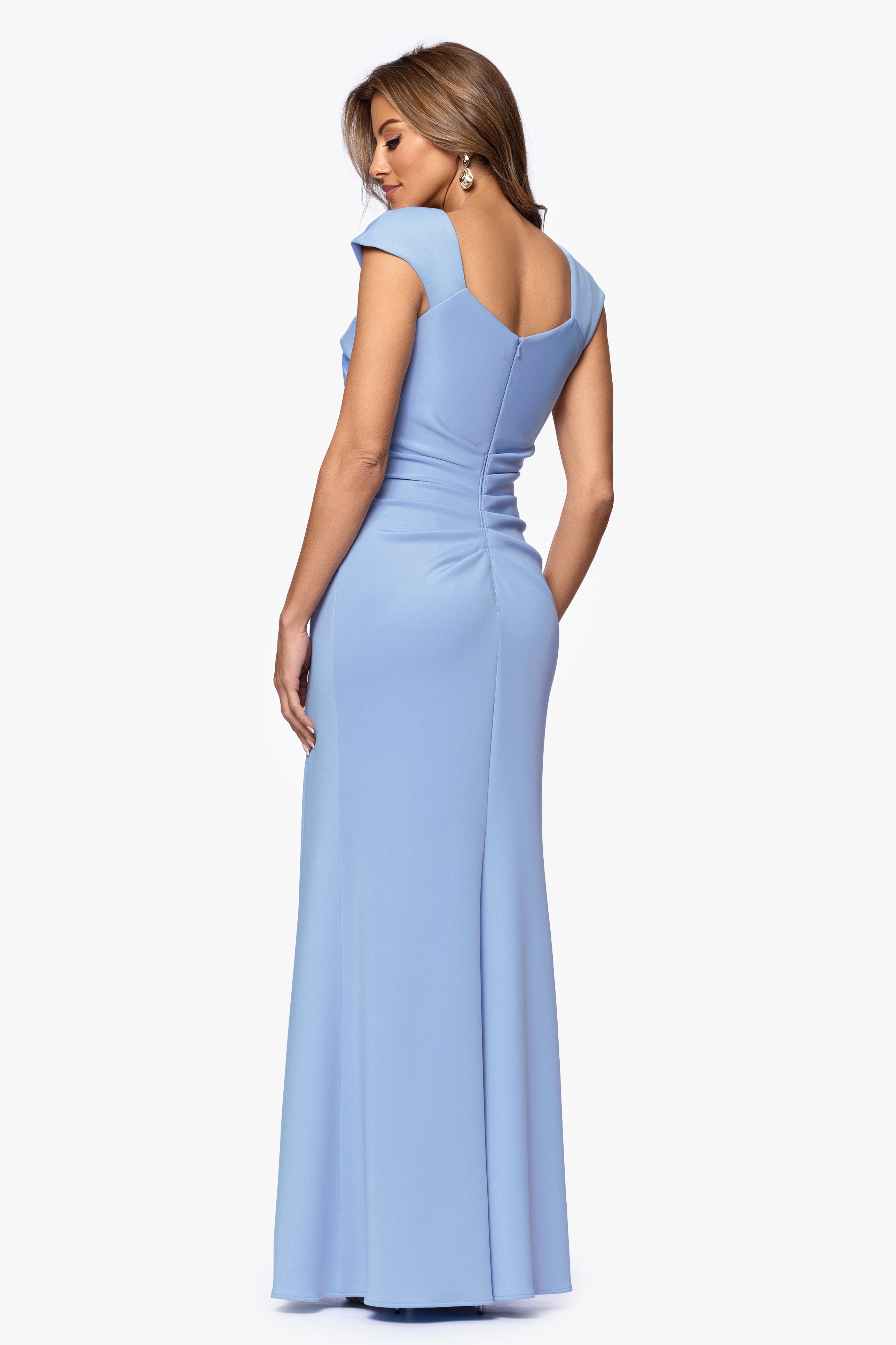 "Lenore " Long Asymmetrical Neckline Techno Scuba Dress