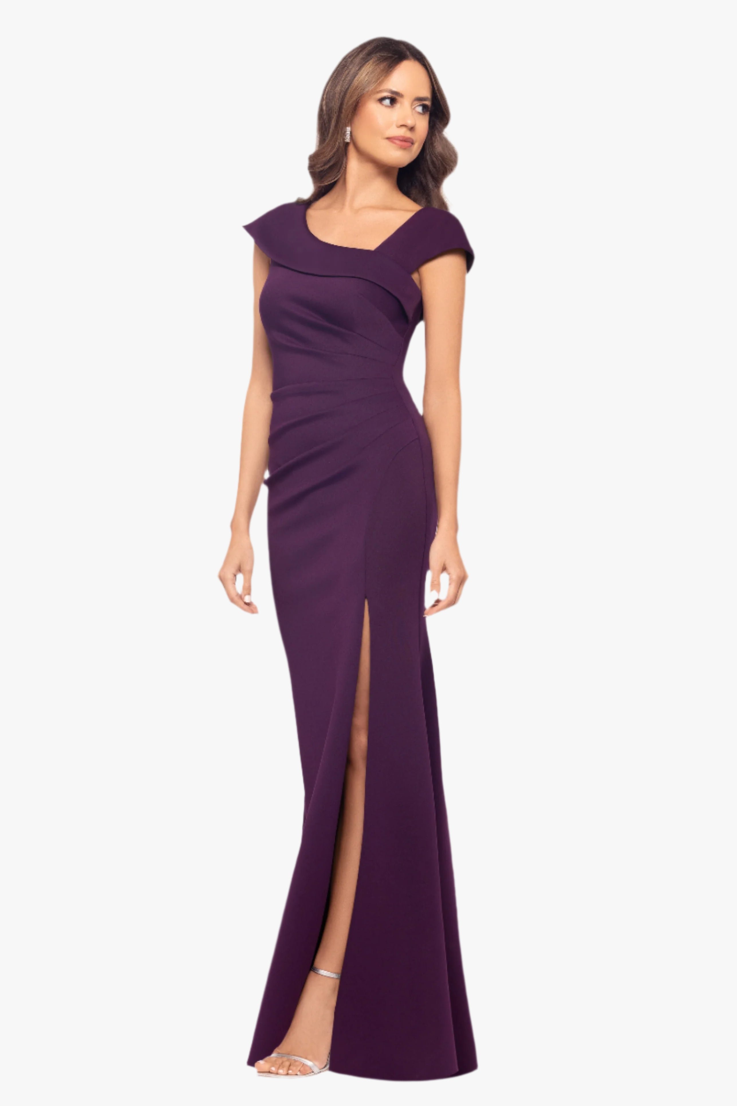 Petite "Lenore " Techno Scuba Asymmetrical Neckline Dress