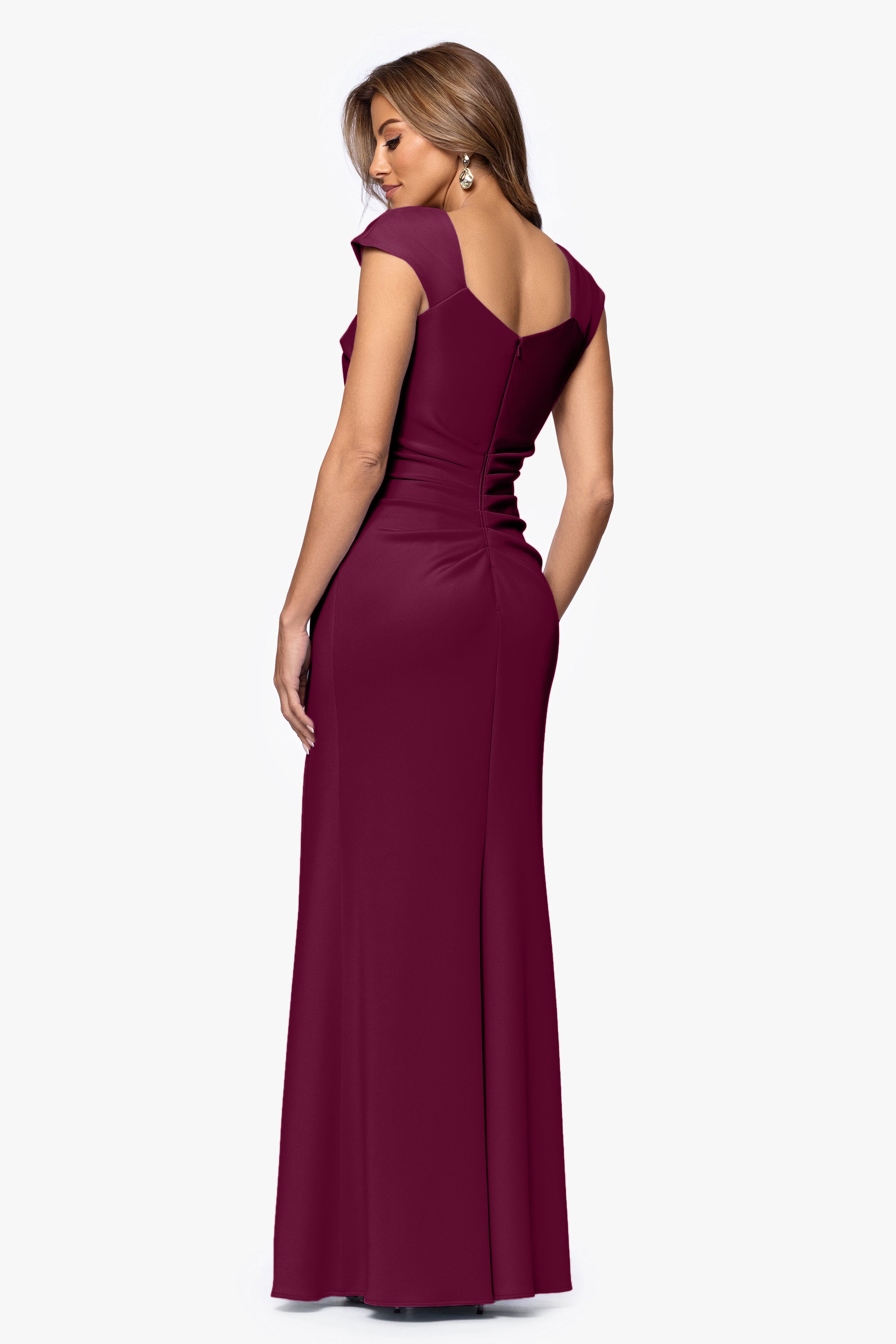 Petite "Lenore " Long Asymmetrical Neckline Techno Scuba Dress