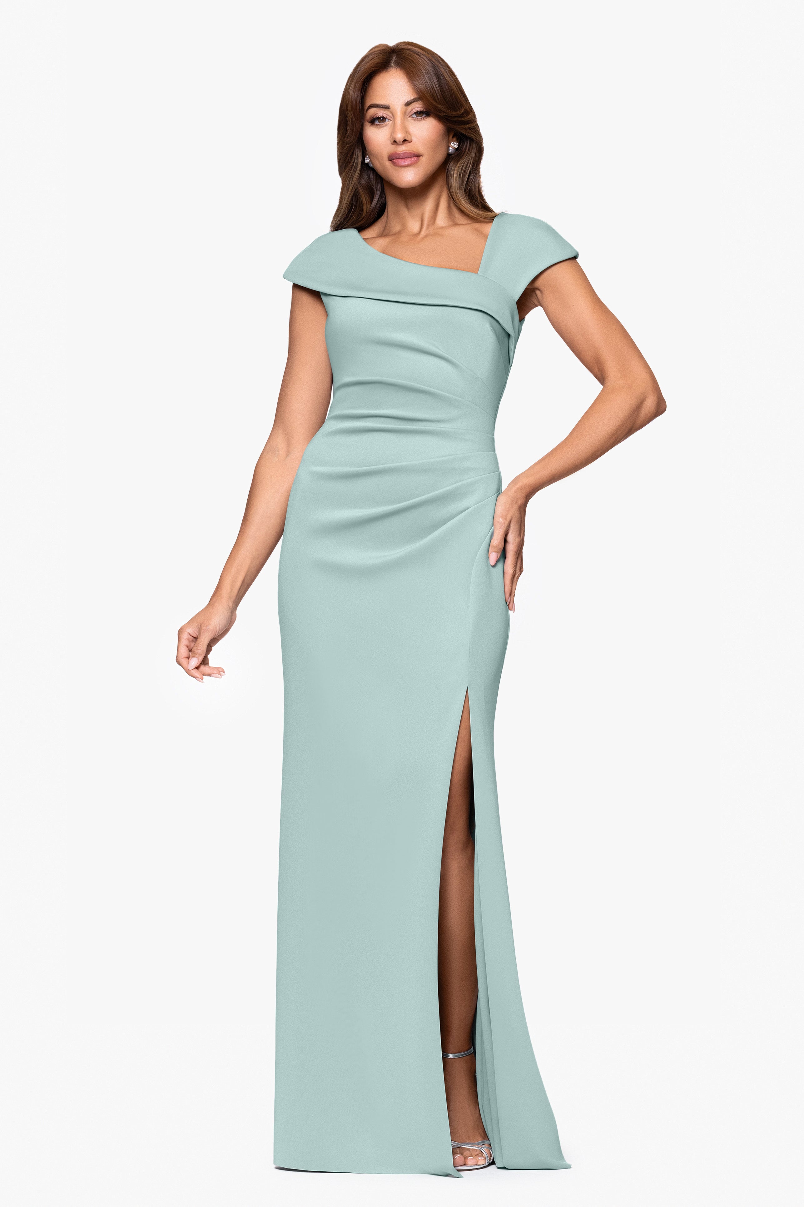 Petite "Lenore " Long Asymmetrical Neckline Scuba Dress