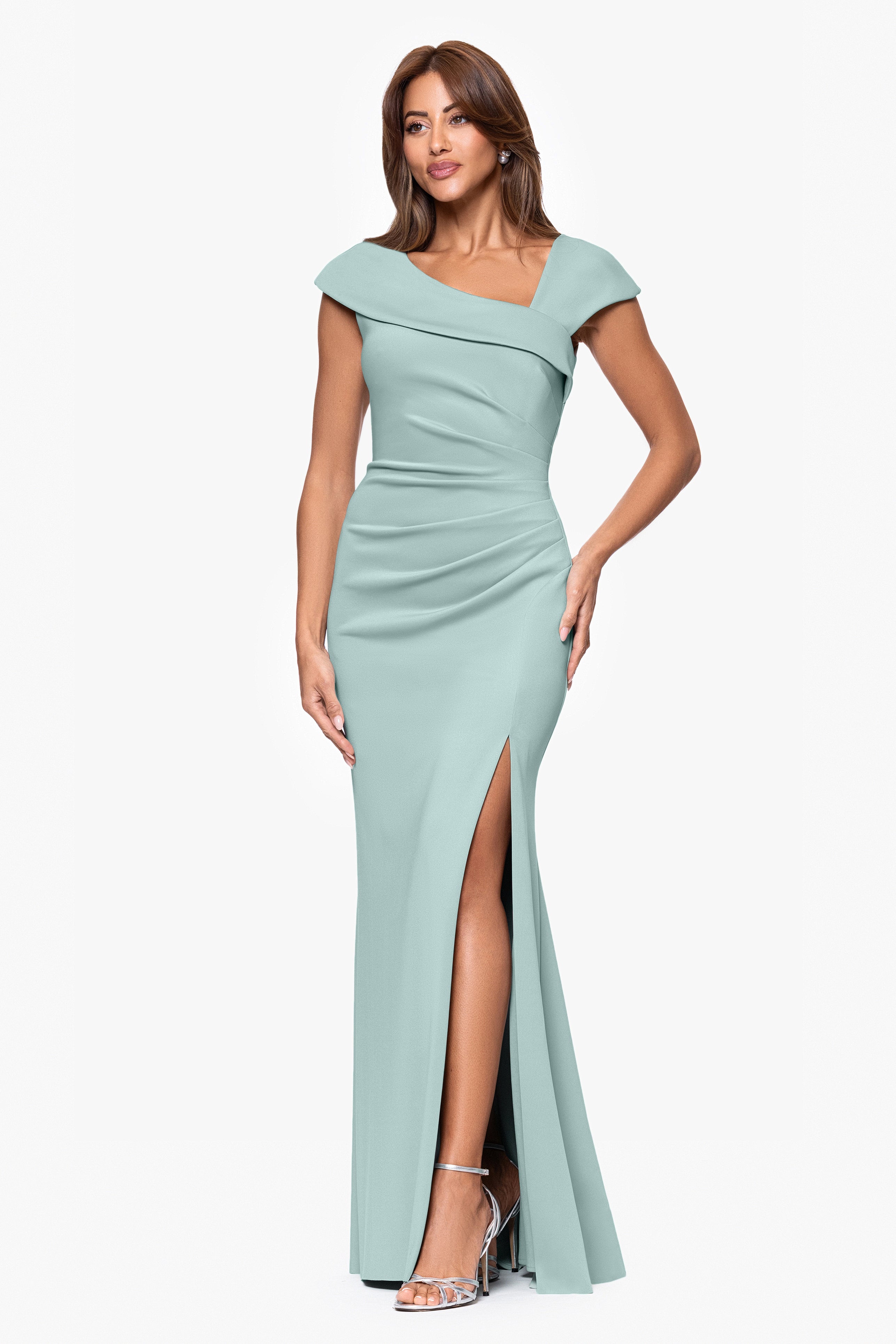 Petite "Lenore " Long Asymmetrical Neckline Techno Scuba Dress