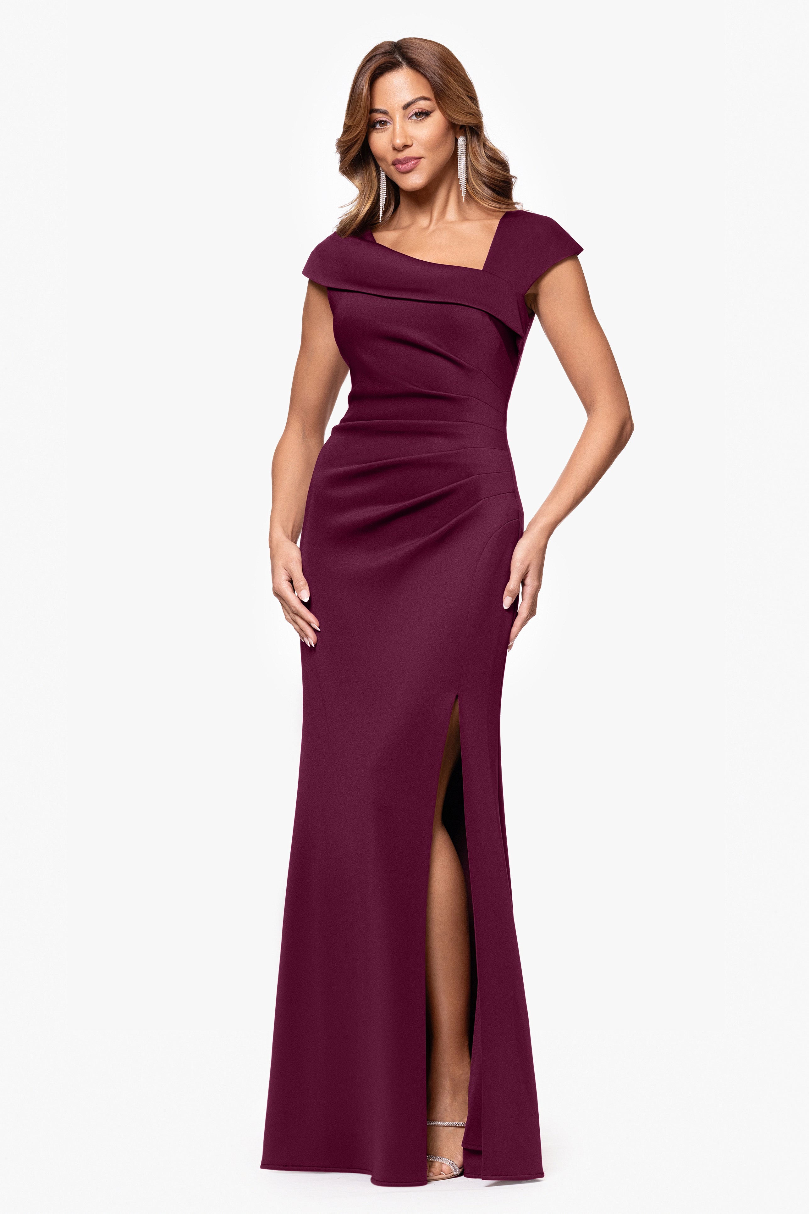 Petite "Lenore " Long Asymmetrical Neckline Techno Scuba Dress