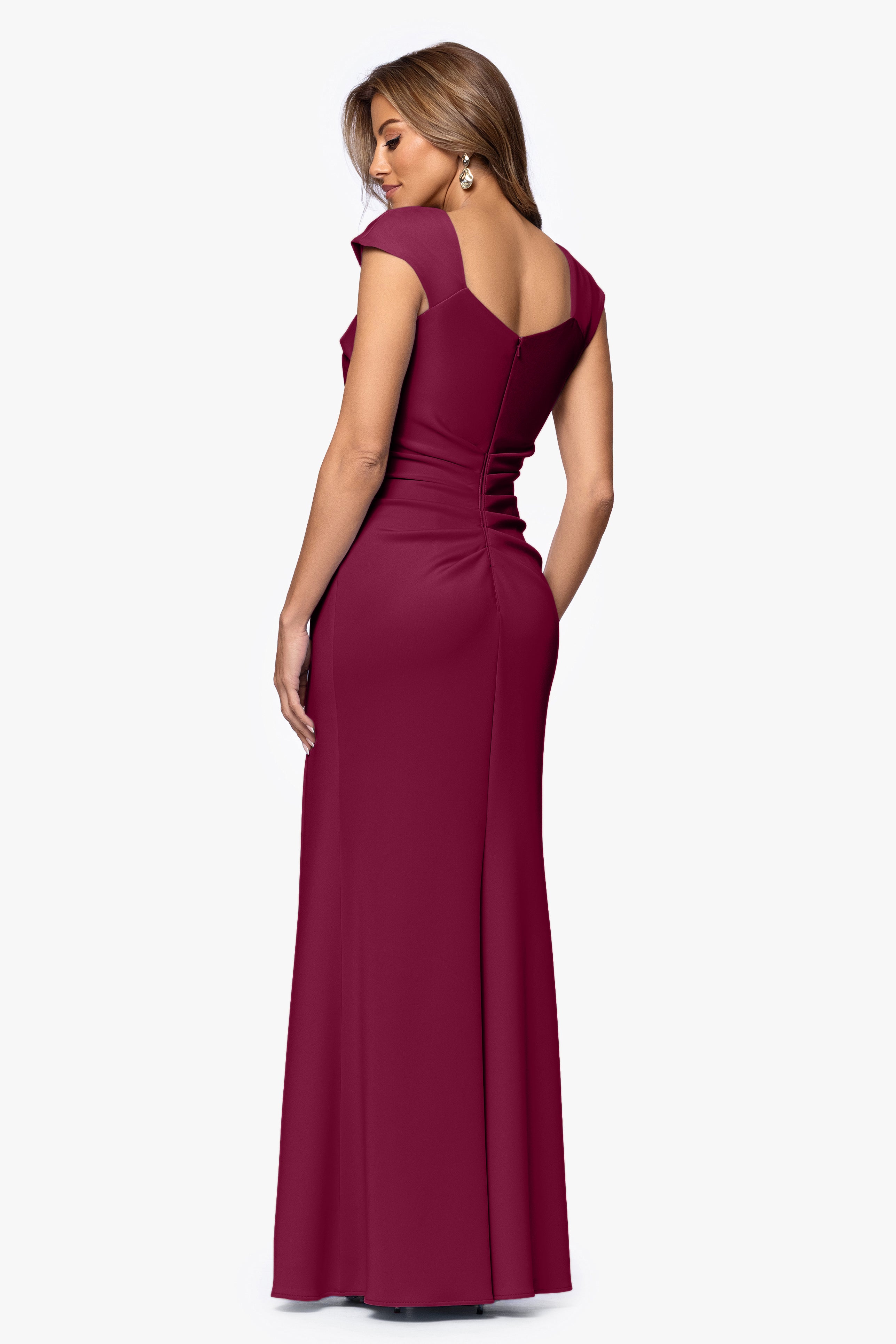 Petite "Lenore " Long Asymmetrical Neckline Techno Scuba Dress