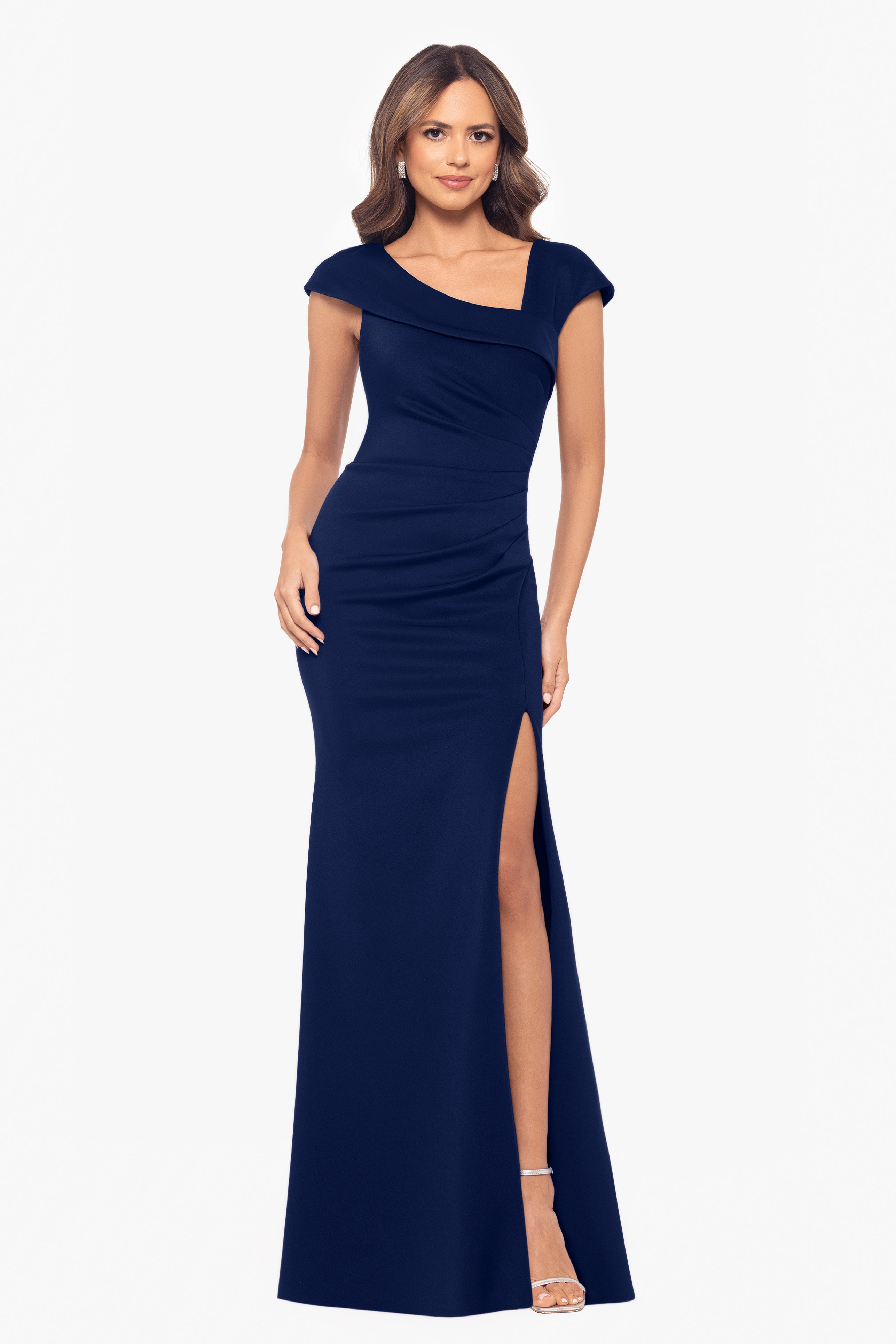 "Lenore " Long Asymmetrical Neckline Techno Scuba Dress