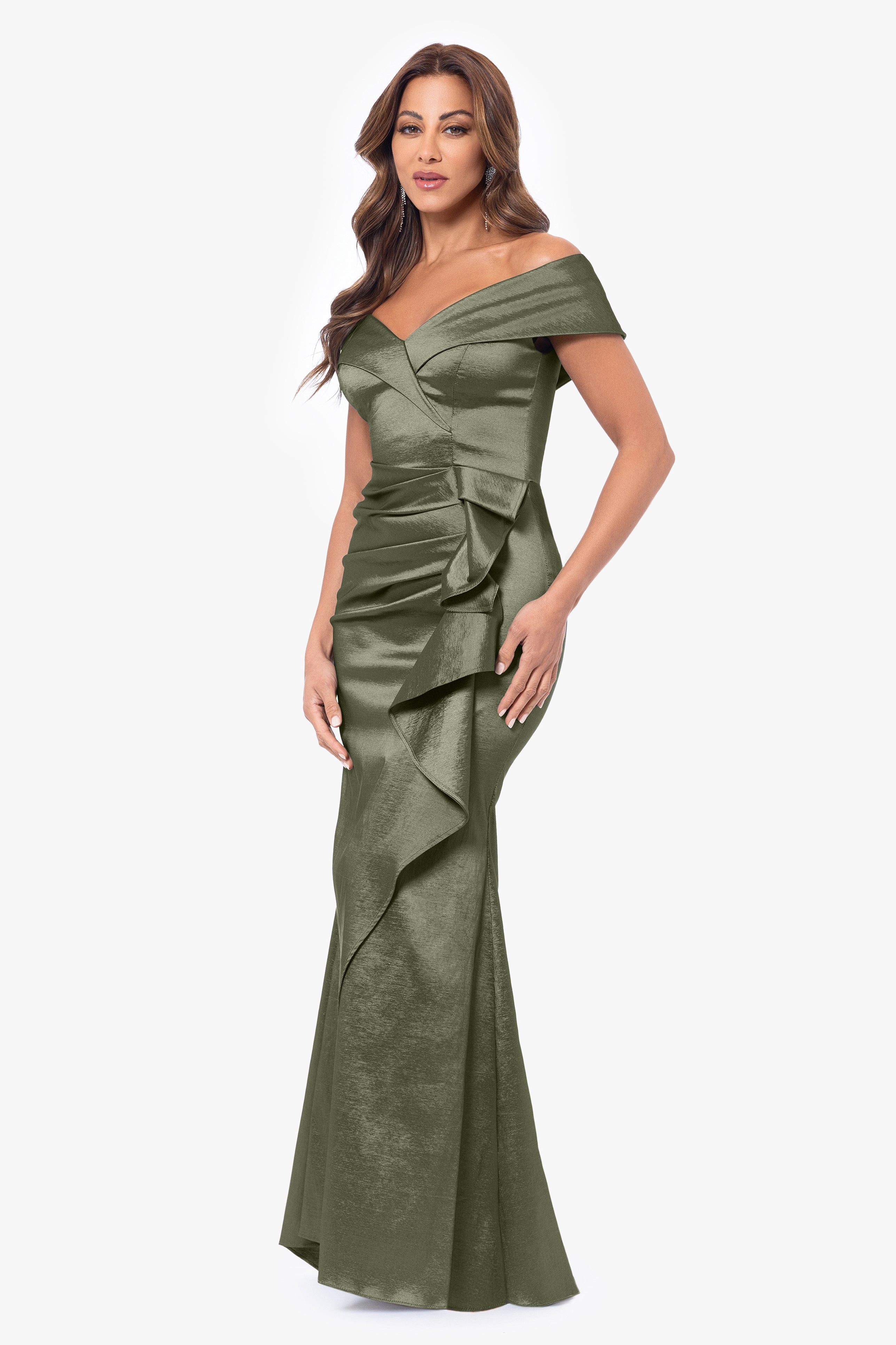 Petite "Olivia" Taffeta Off the Shoulder Sweetheart Neckline Floor Length Dress
