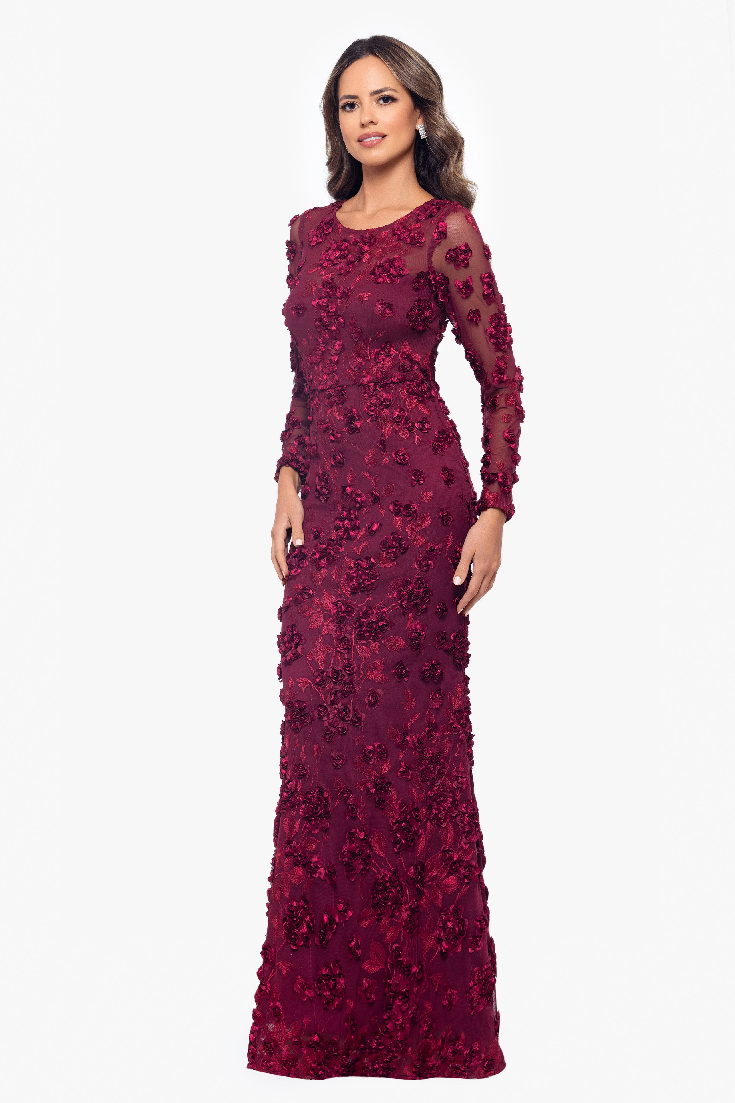 Petite "Ruby" Raised Flowers Long Sleeve Dress