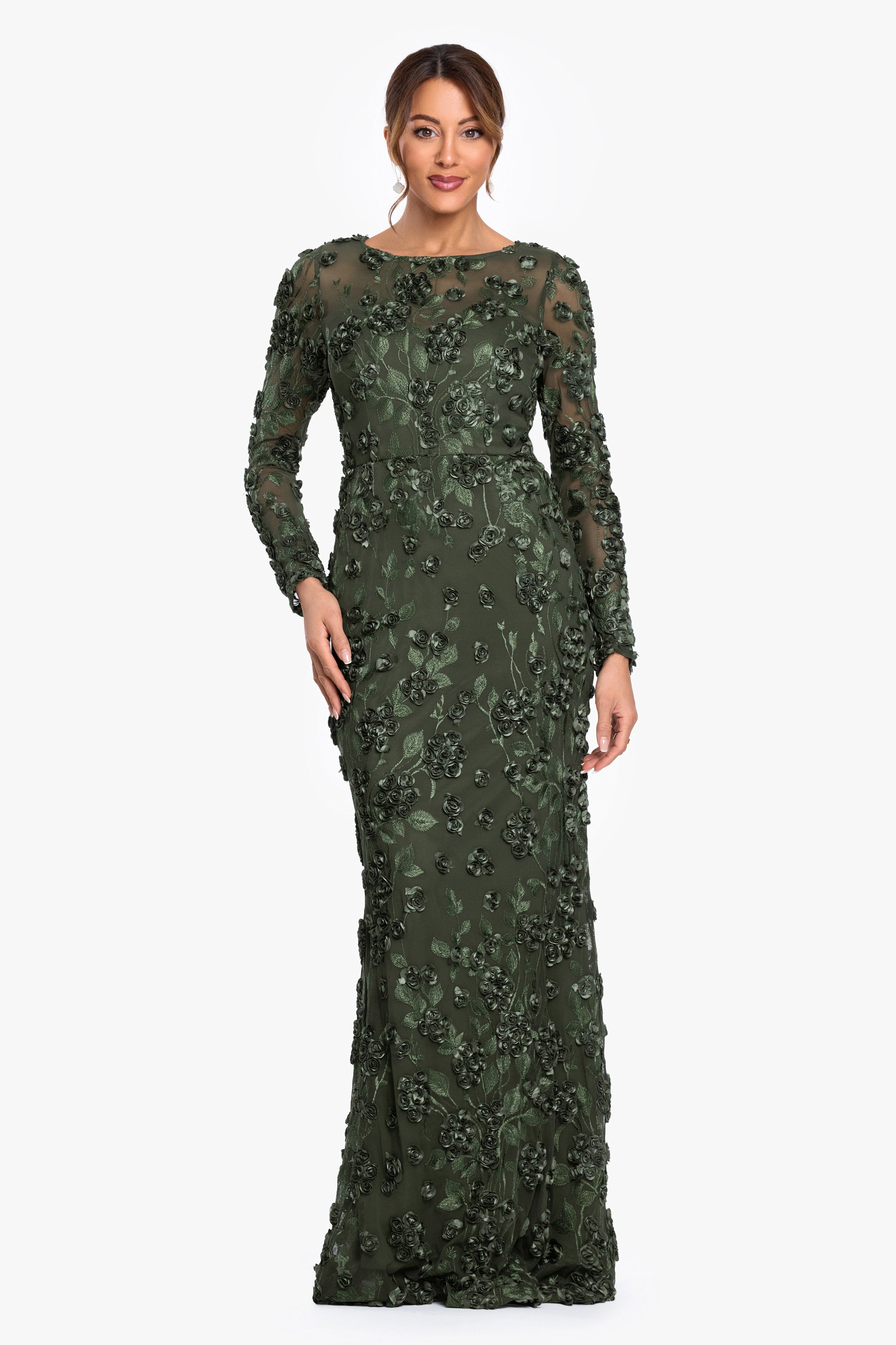 "Ruby" Raised Flowers Long Sleeve Dress