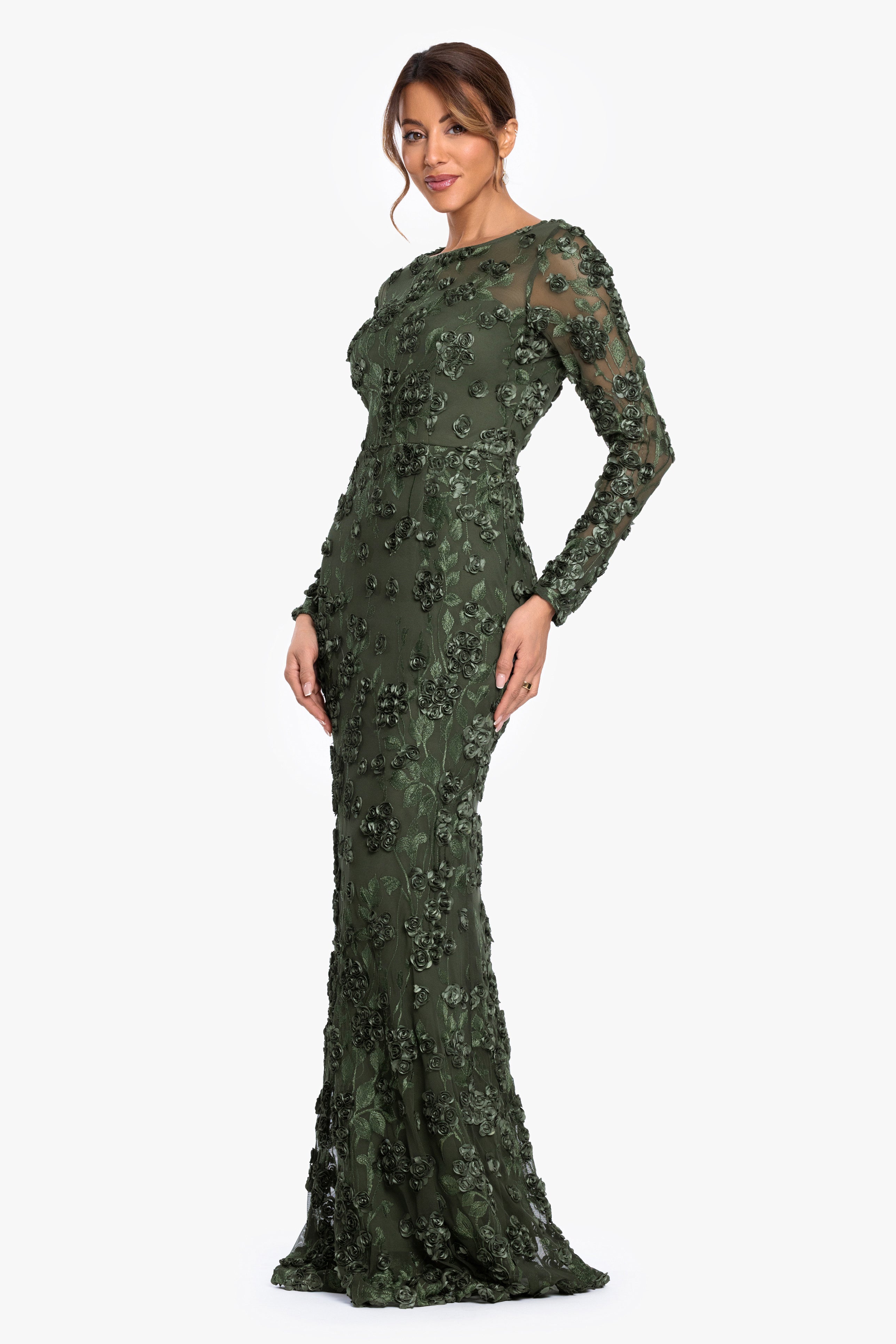 "Ruby" Raised Flowers Long Sleeve Dress