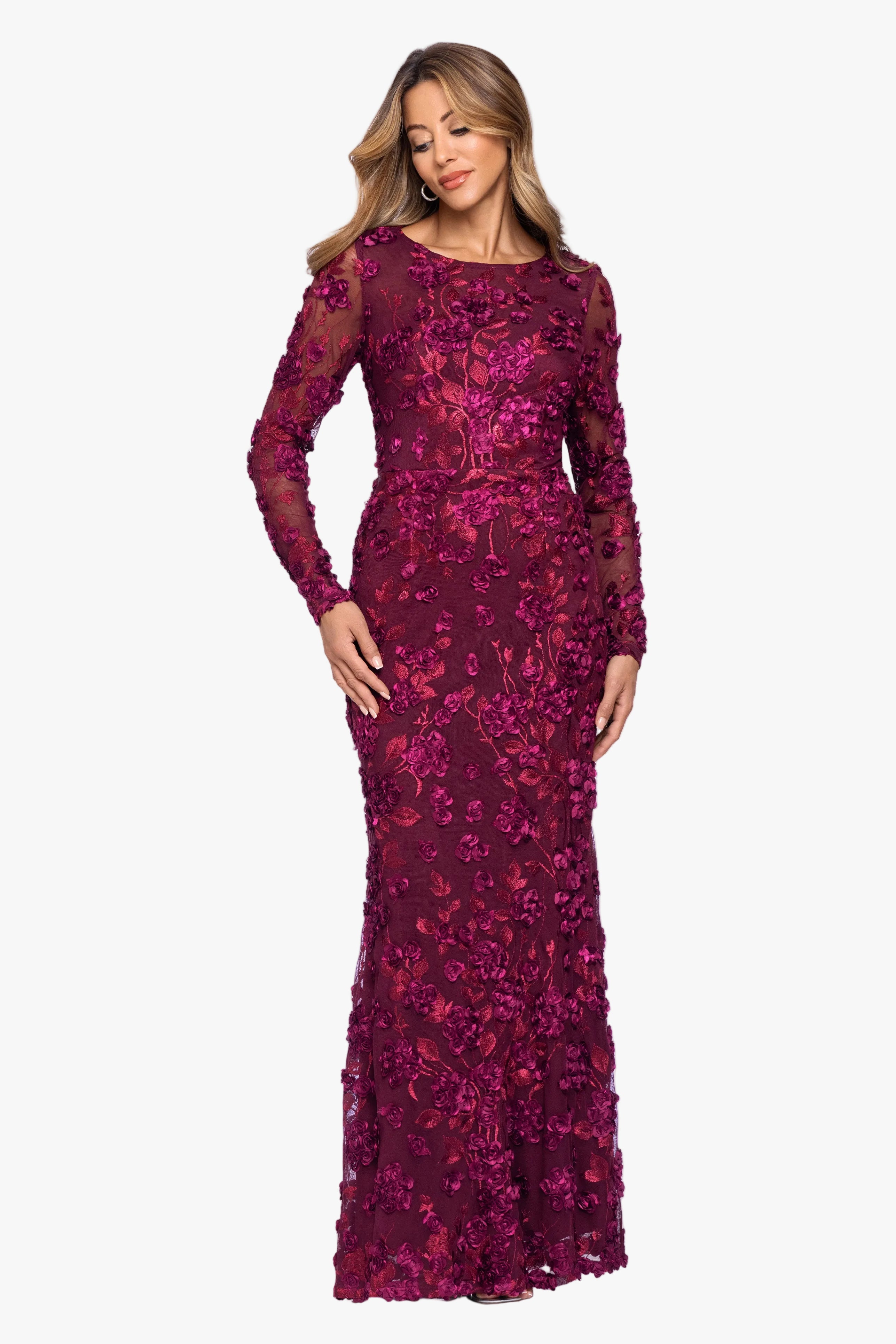 "Ruby" Raised Flowers Long Sleeve Dress