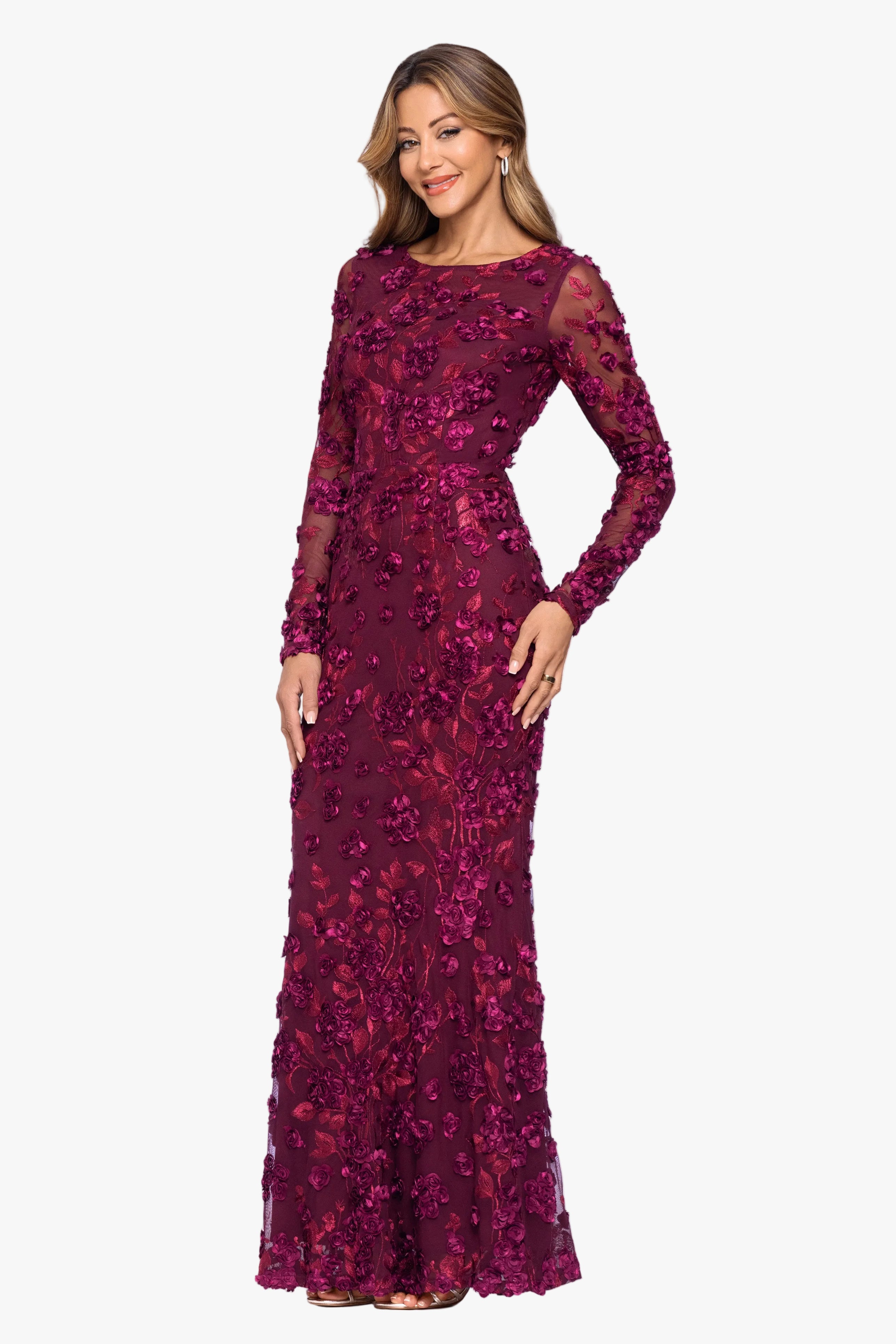 "Ruby" Raised Flowers Long Sleeve Dress