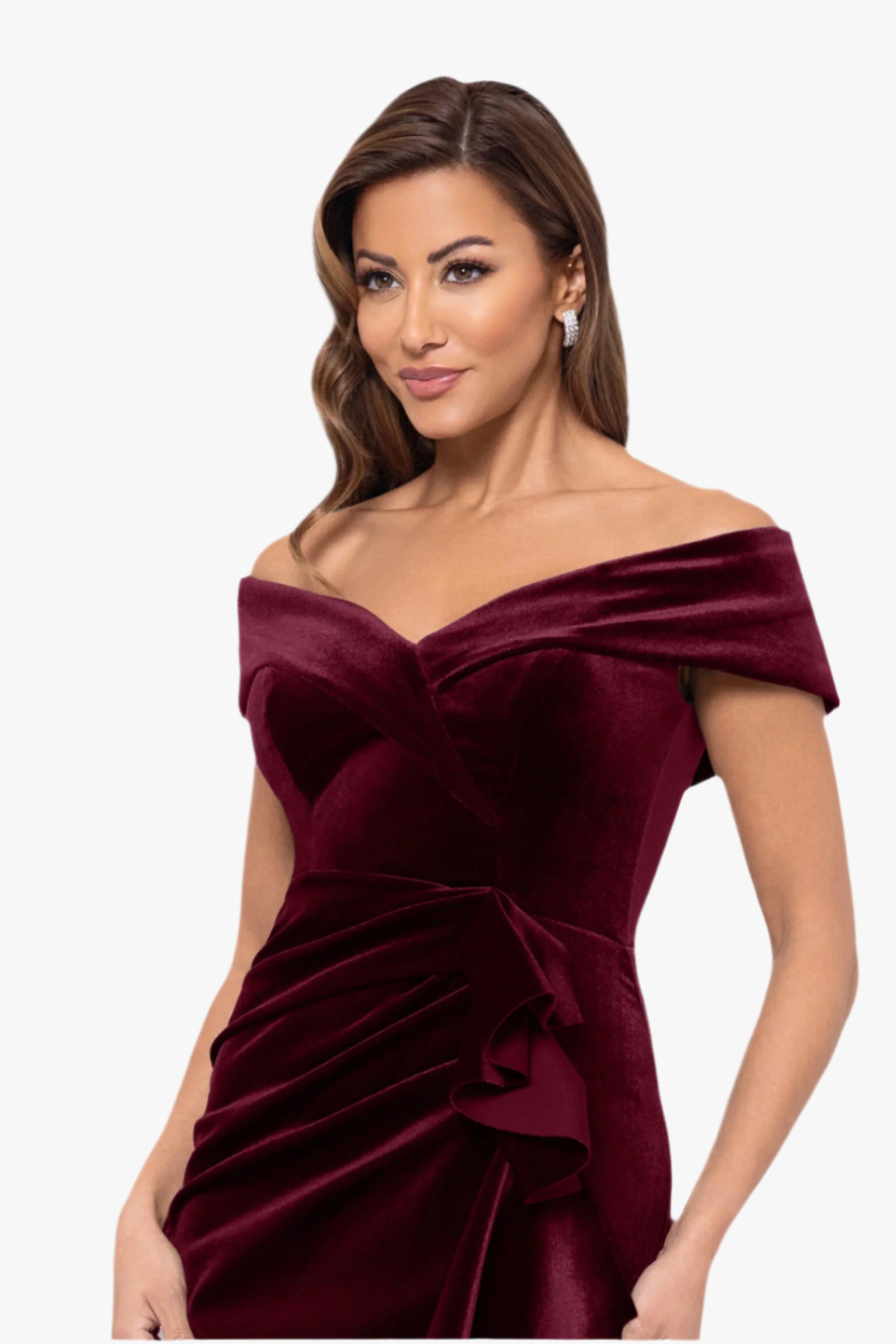 "Alana" Long Off the Shoulder Velvet Ruffle Dress