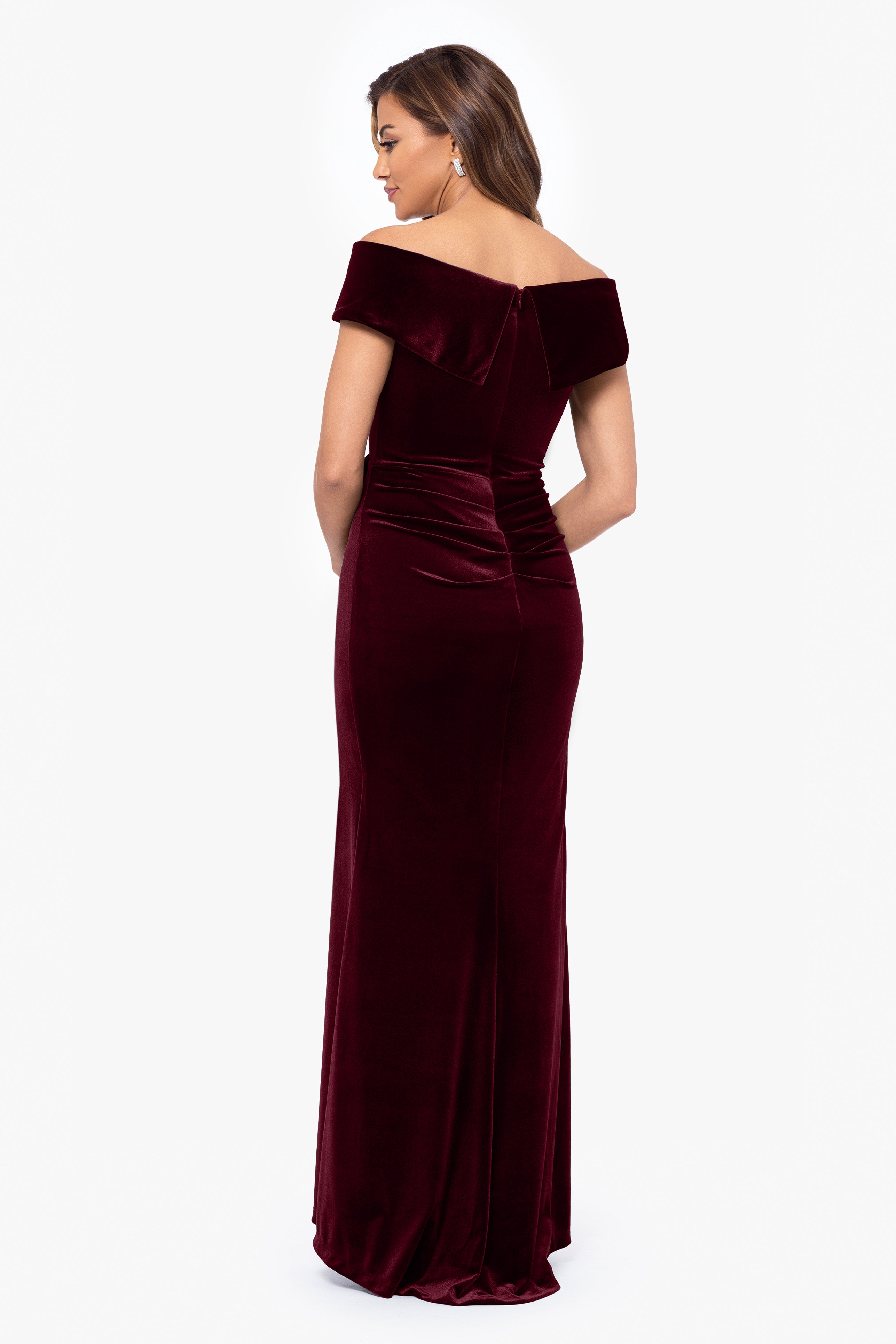 "Alana" Long Off the Shoulder Velvet Ruffle Dress