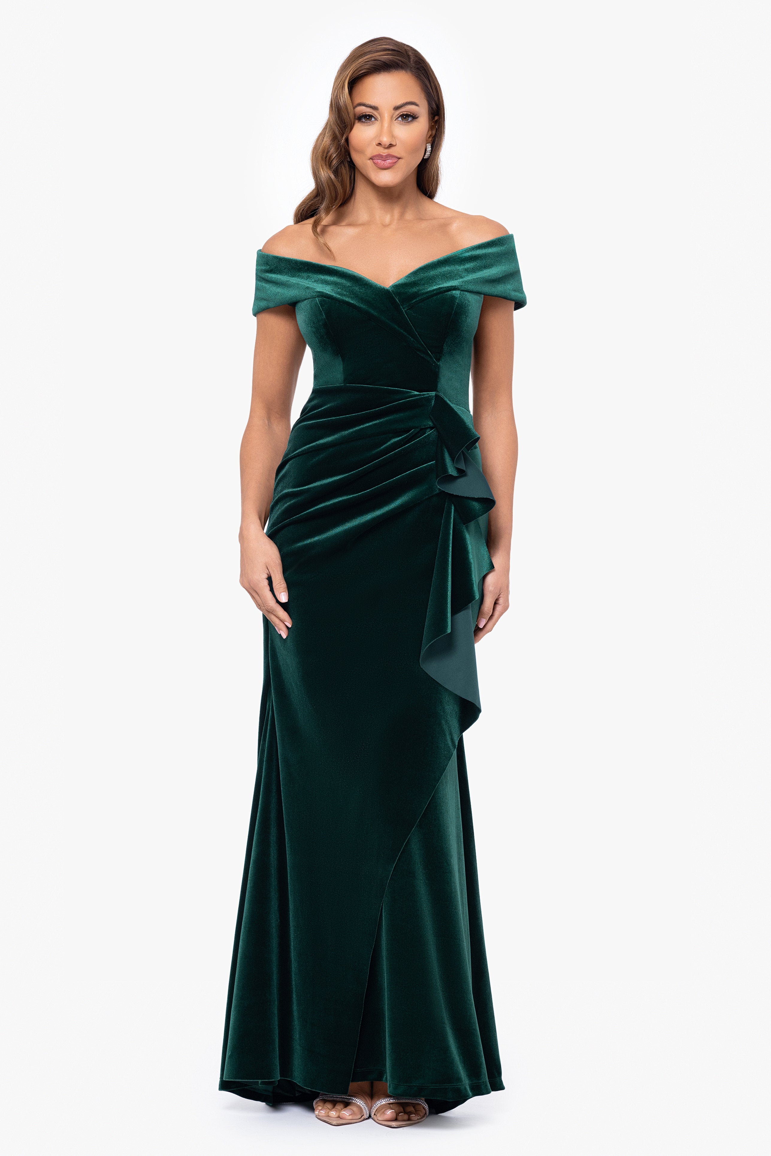 Petite "Alana" Long Off The Shoulder Velvet Ruffle Dress
