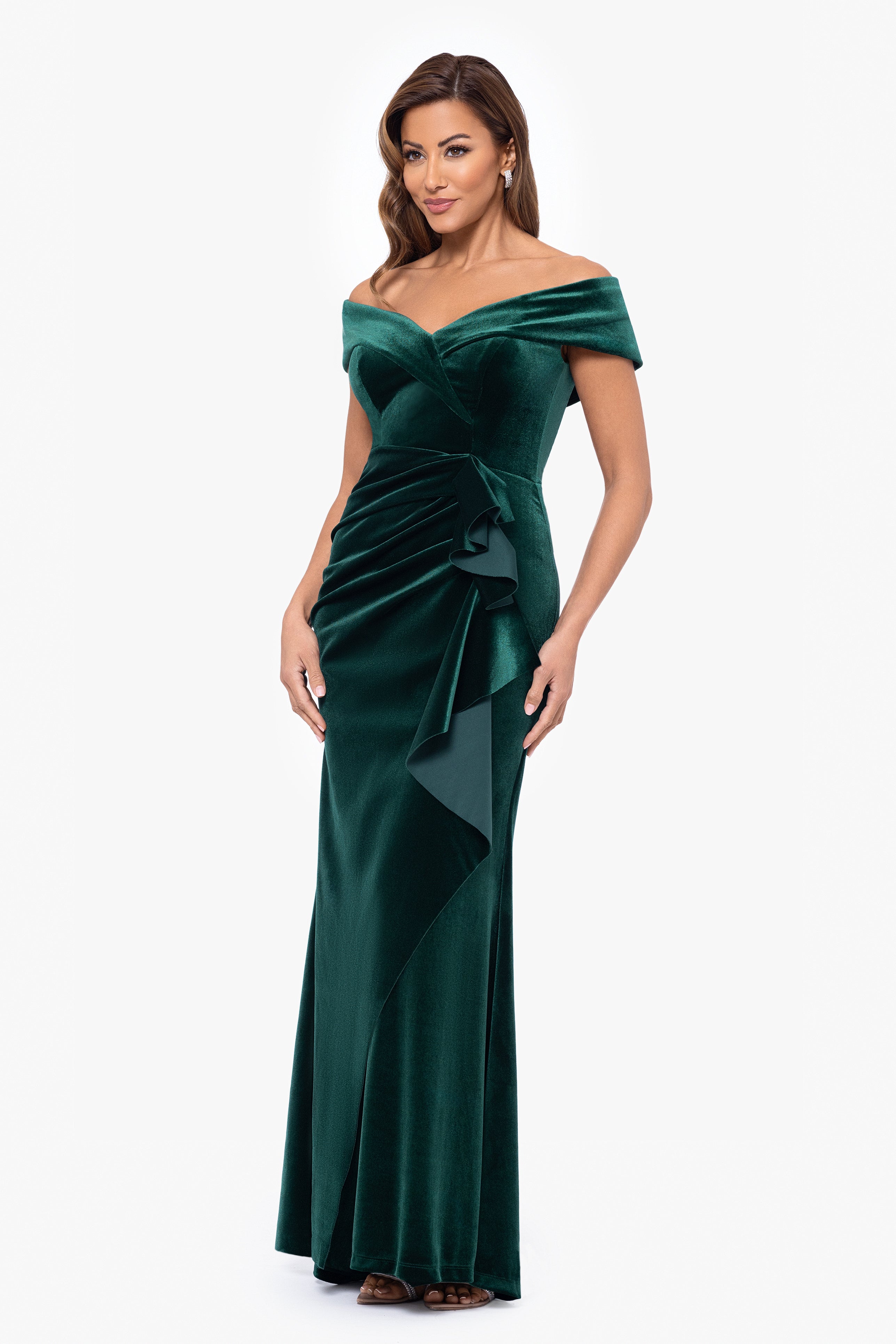 Petite "Alana" Long Off The Shoulder Velvet Ruffle Dress