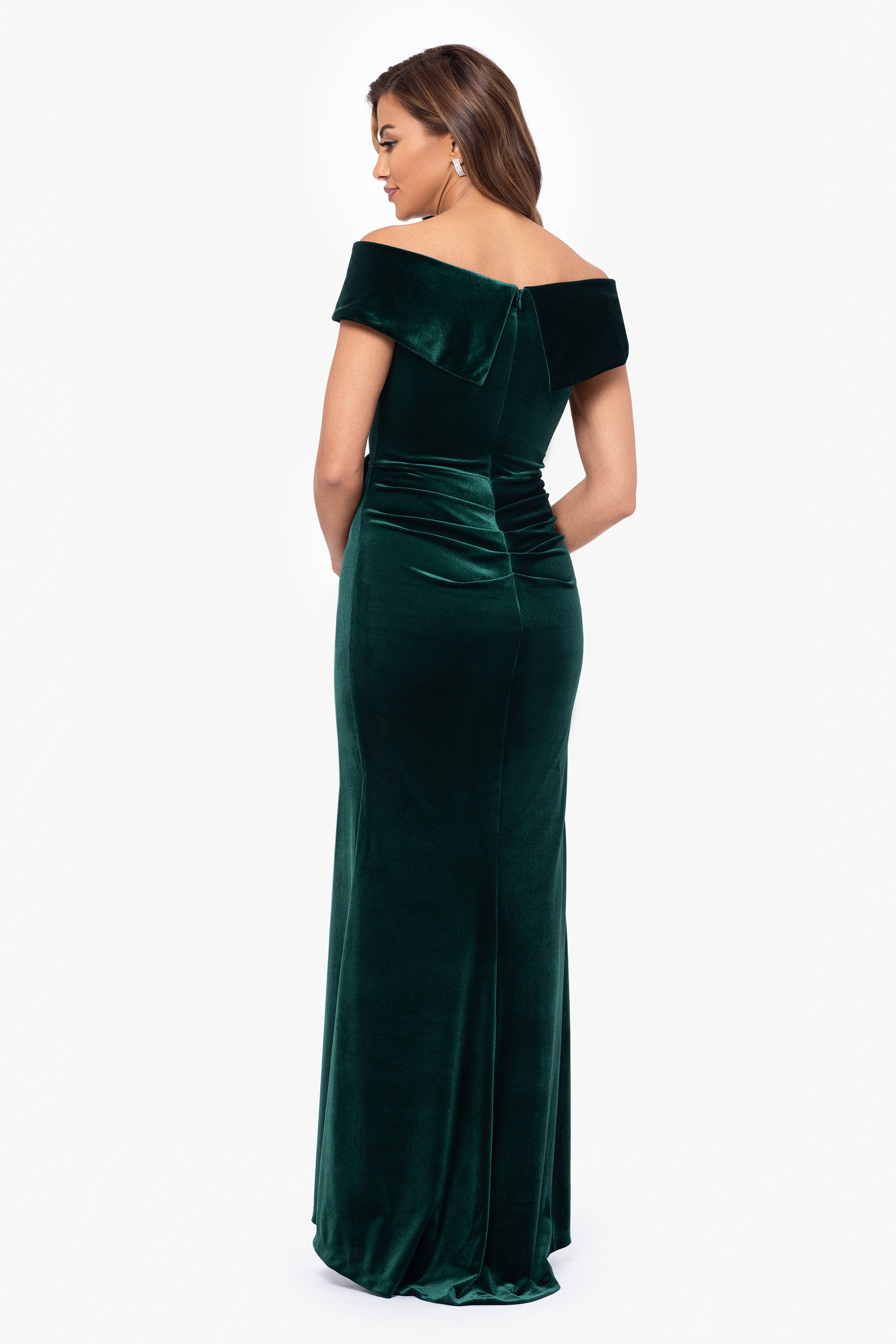 Petite "Alana" Long Off The Shoulder Velvet Ruffle Dress