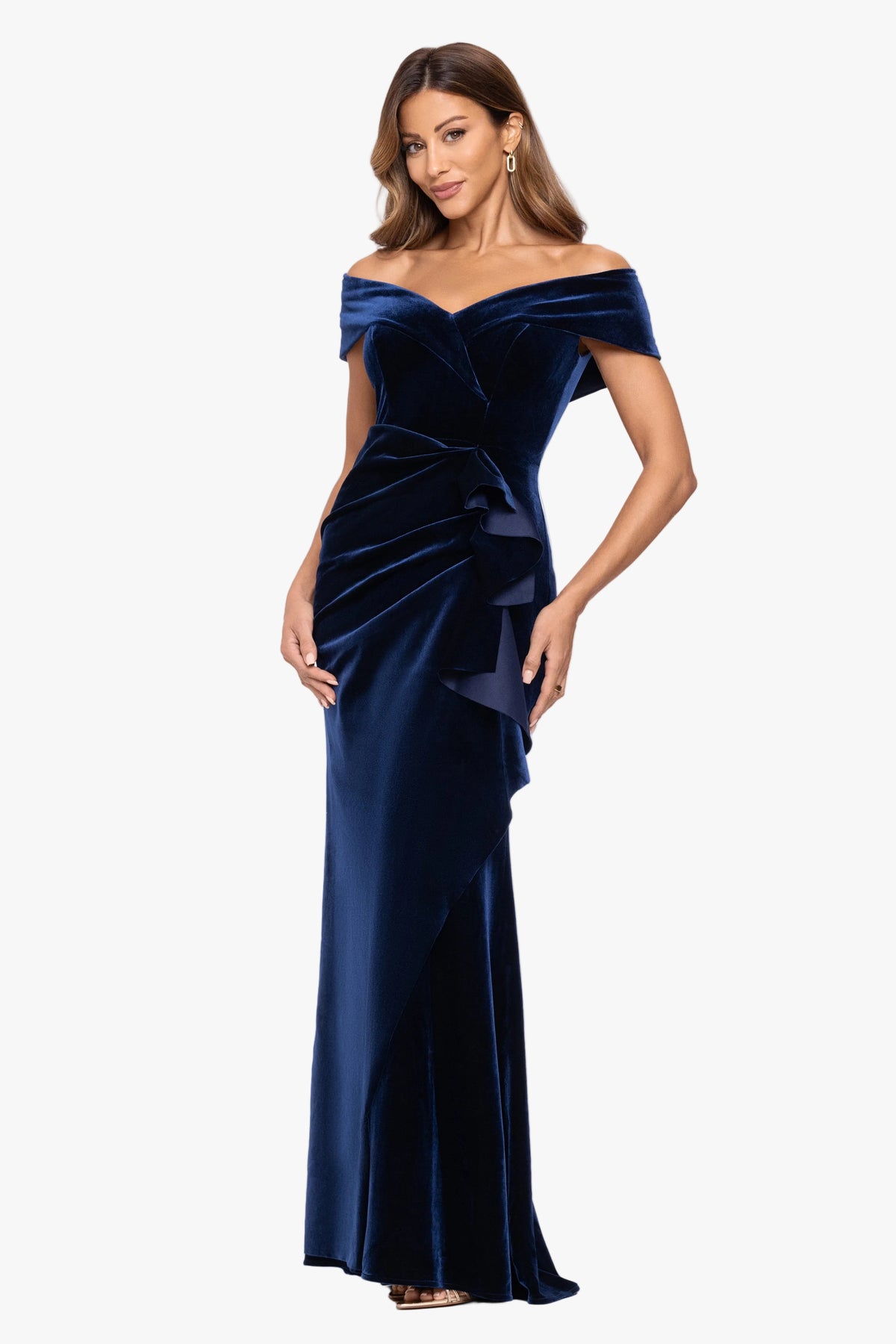 "Alana" Long Off the Shoulder Velvet Ruffle Dress