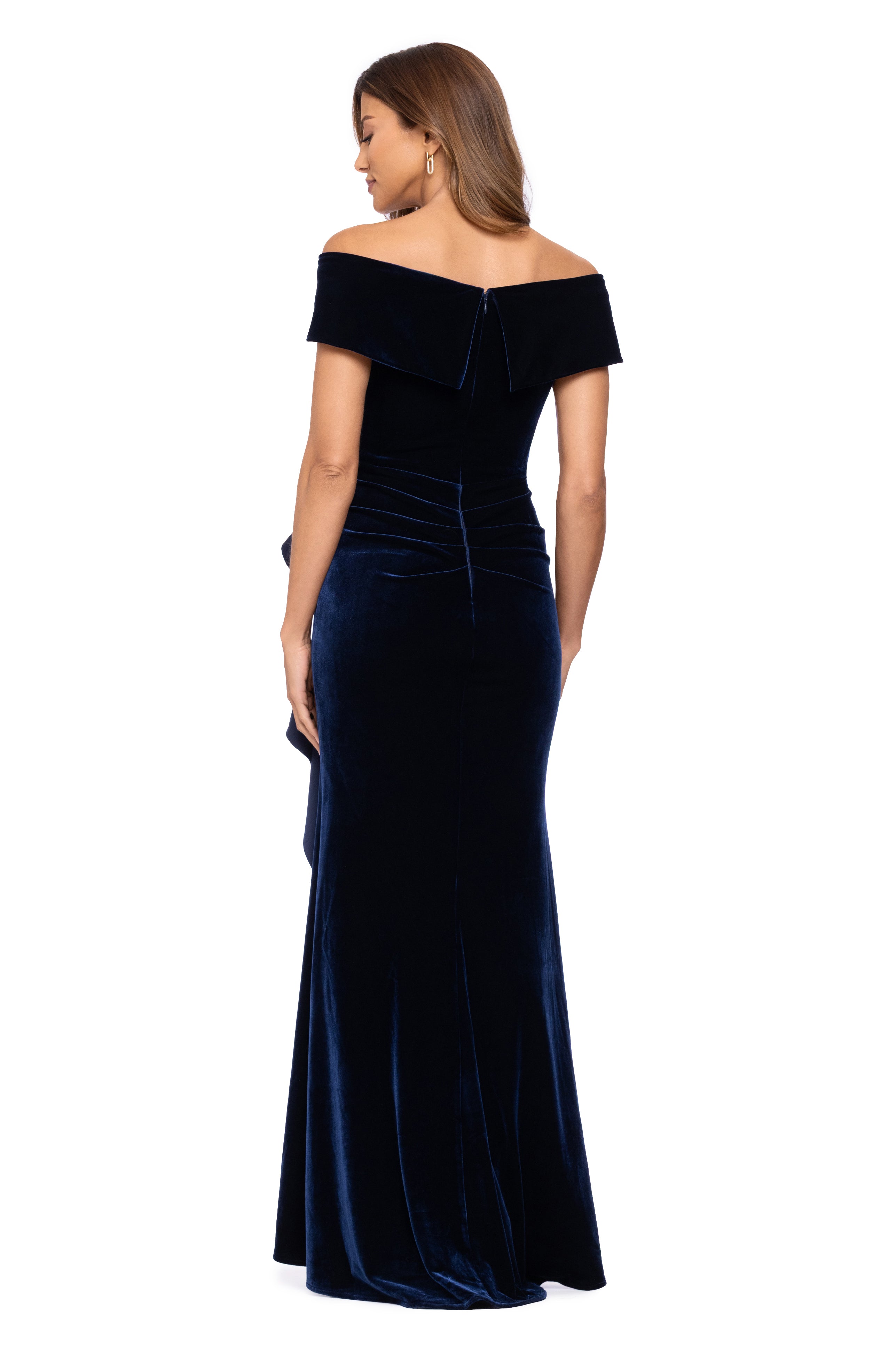 "Alana" Long Off the Shoulder Velvet Ruffle Dress