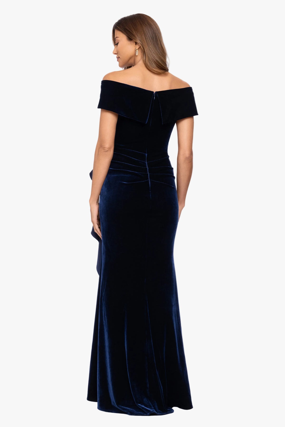 "Alana" Long Off the Shoulder Velvet Ruffle Dress