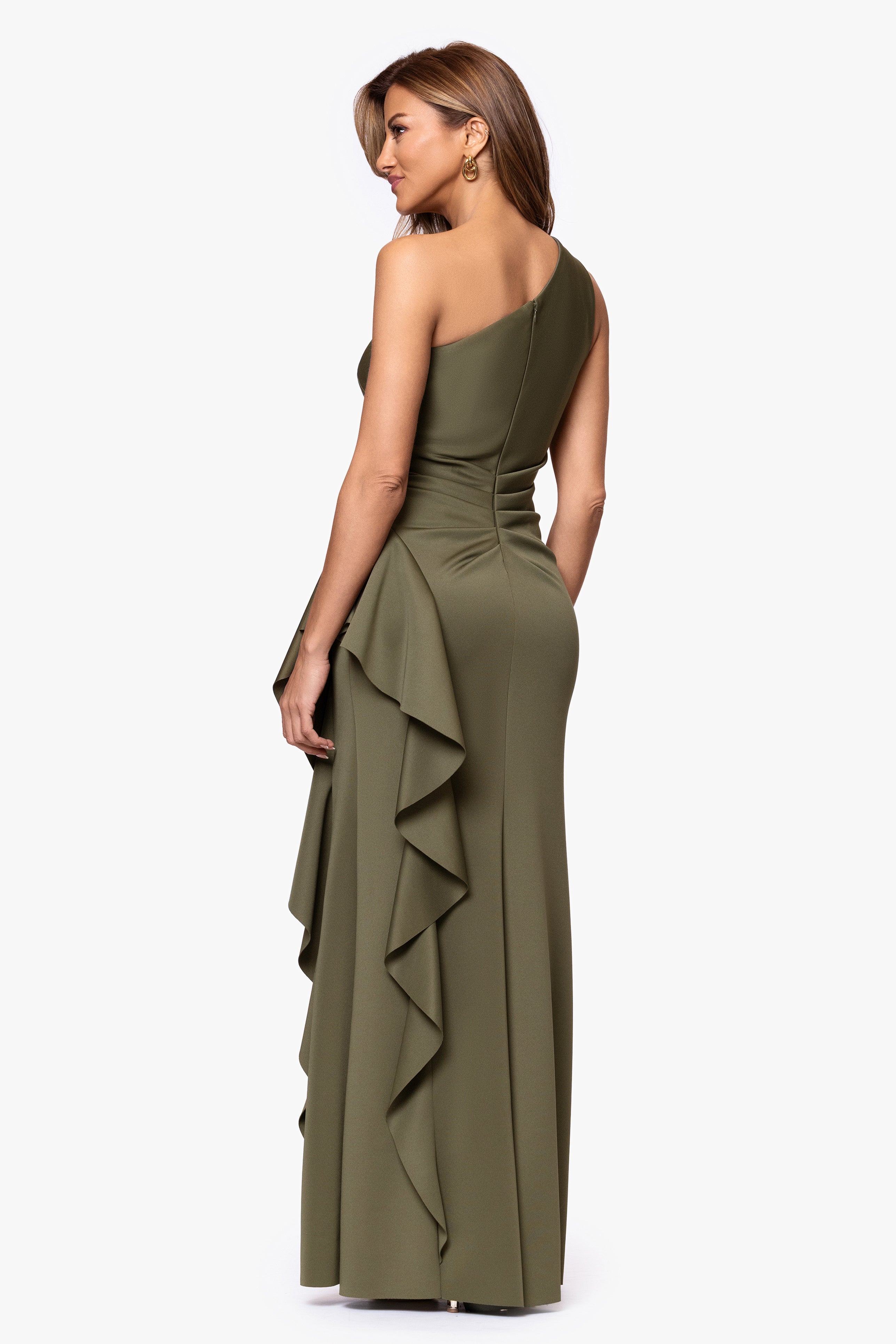"Flo" Long Techno Scuba One Shoulder Ruffle Dress