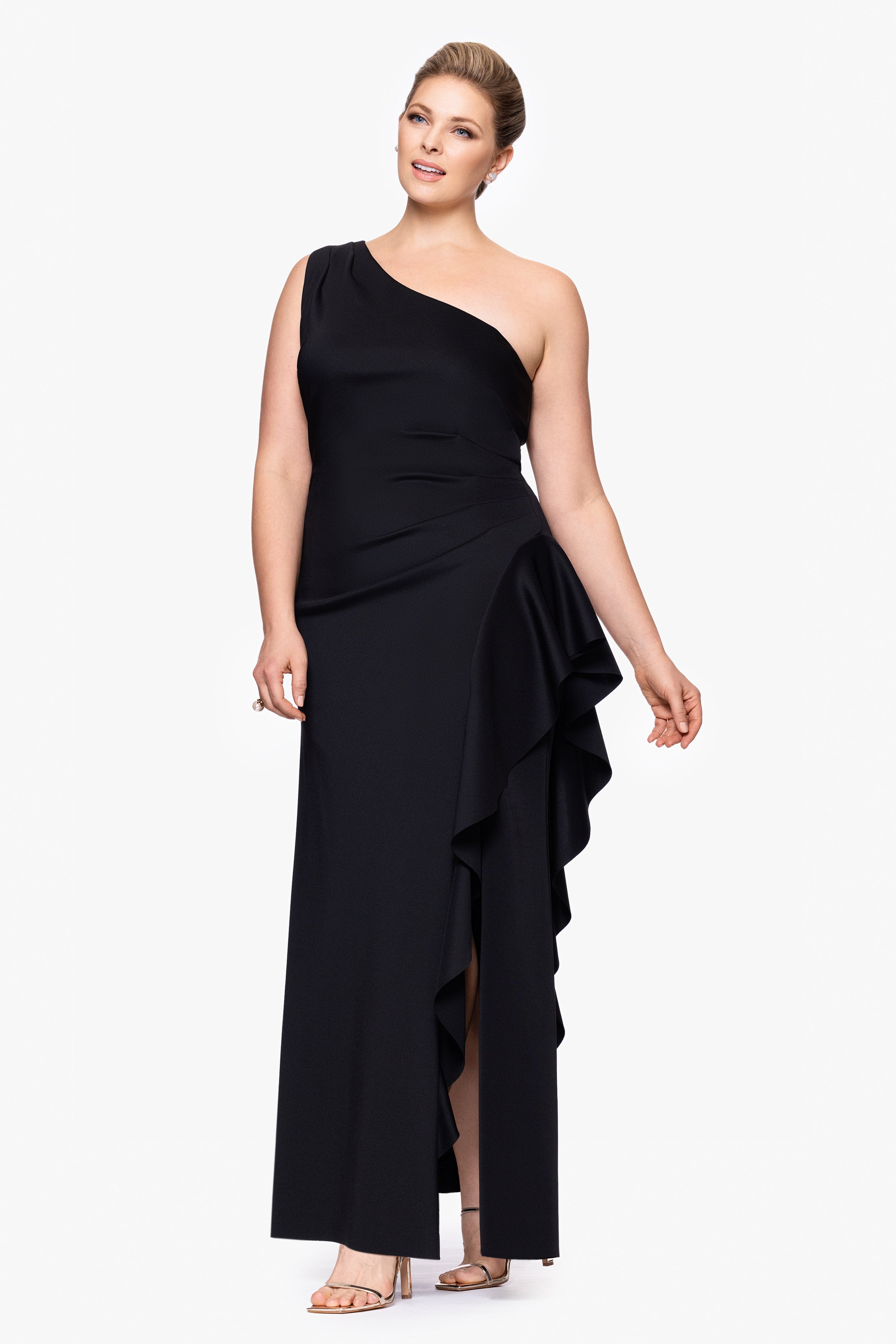 Plus "Flo" Long Techno Scuba One Shoulder Ruffle Dress