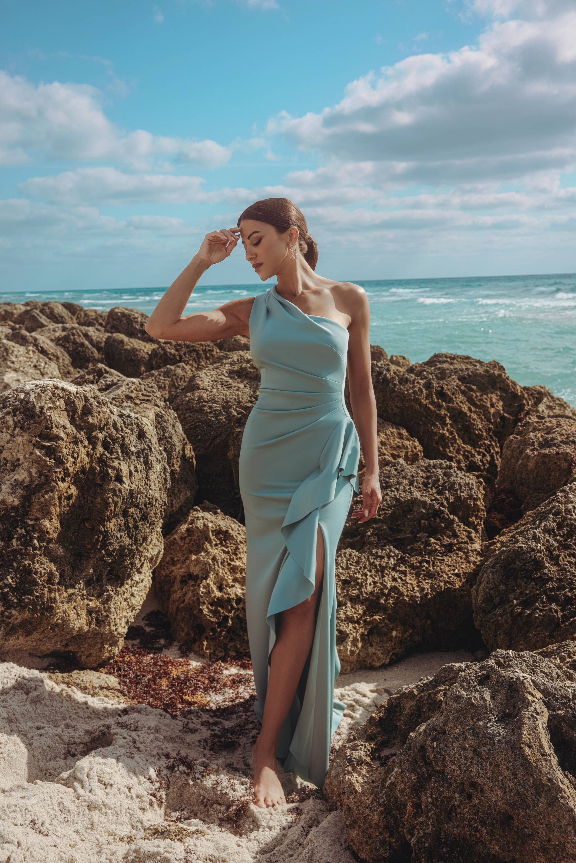 Petite Flo Long Techno Scuba One Shoulder Ruffle Dress Sage / 10P Petite Flo Long Techno Scuba One Shoulder Ruffle Dress Sage / 10P