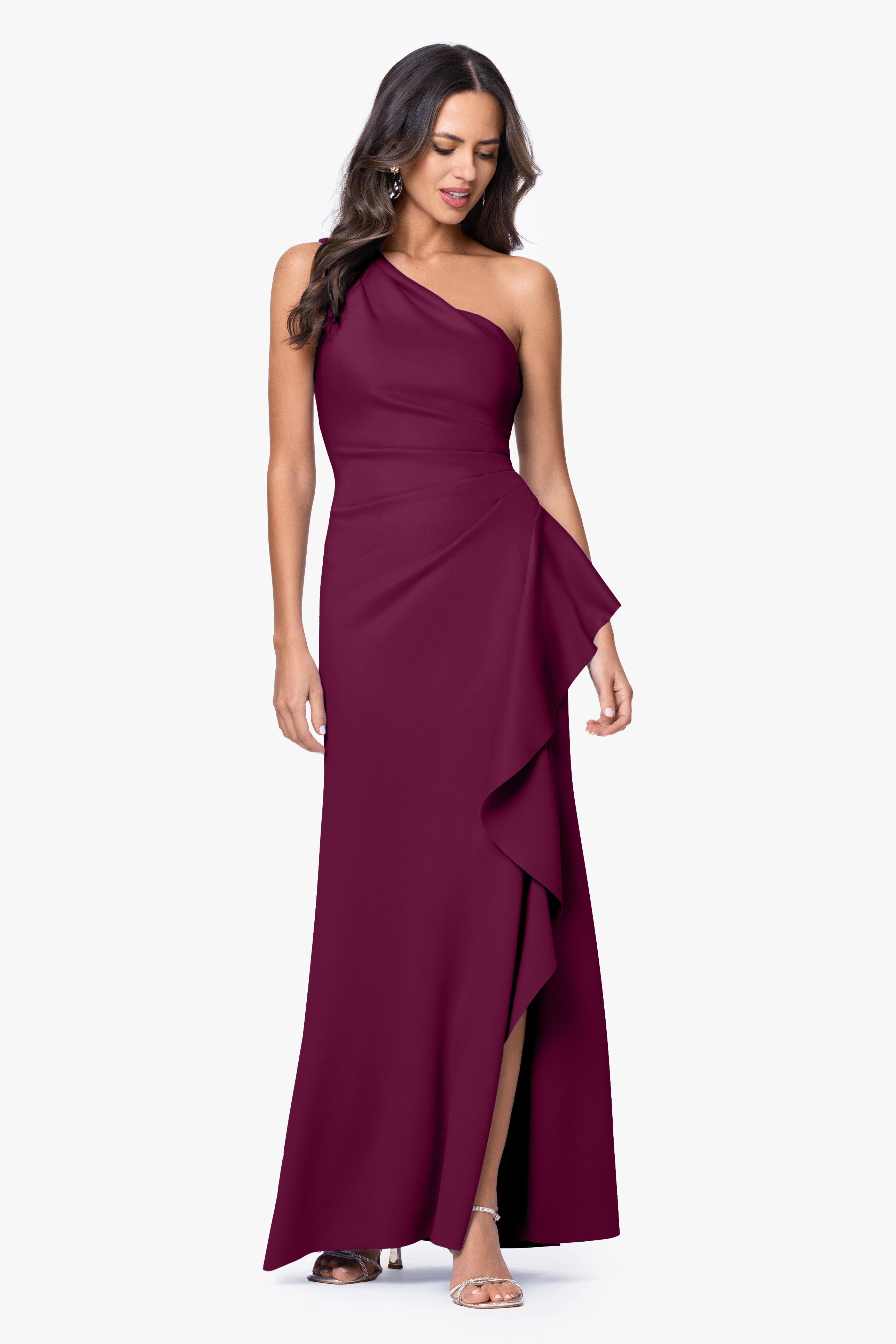 "Flo" Long Techno Scuba One Shoulder Ruffle Dress