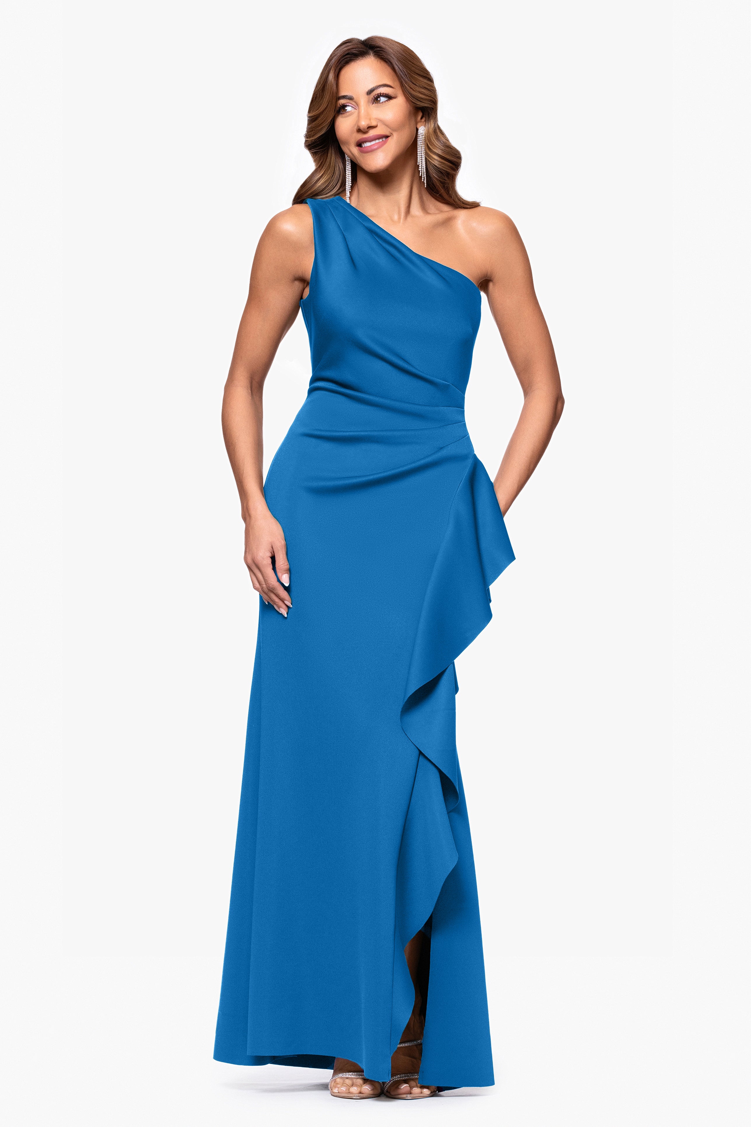 "Flo" Long Techno Scuba One Shoulder Ruffle Dress