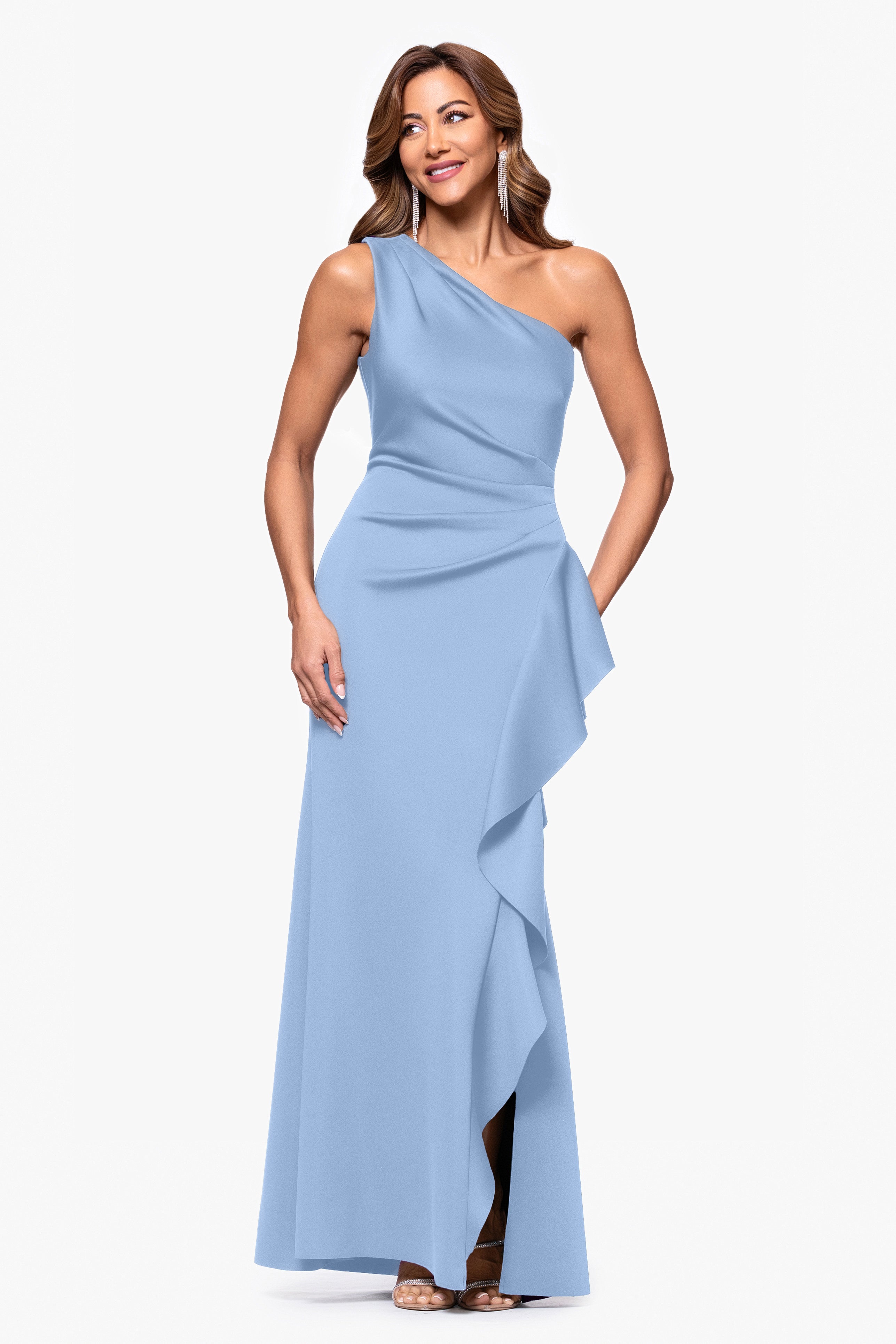 "Flo" Long Techno Scuba One Shoulder Ruffle Dress