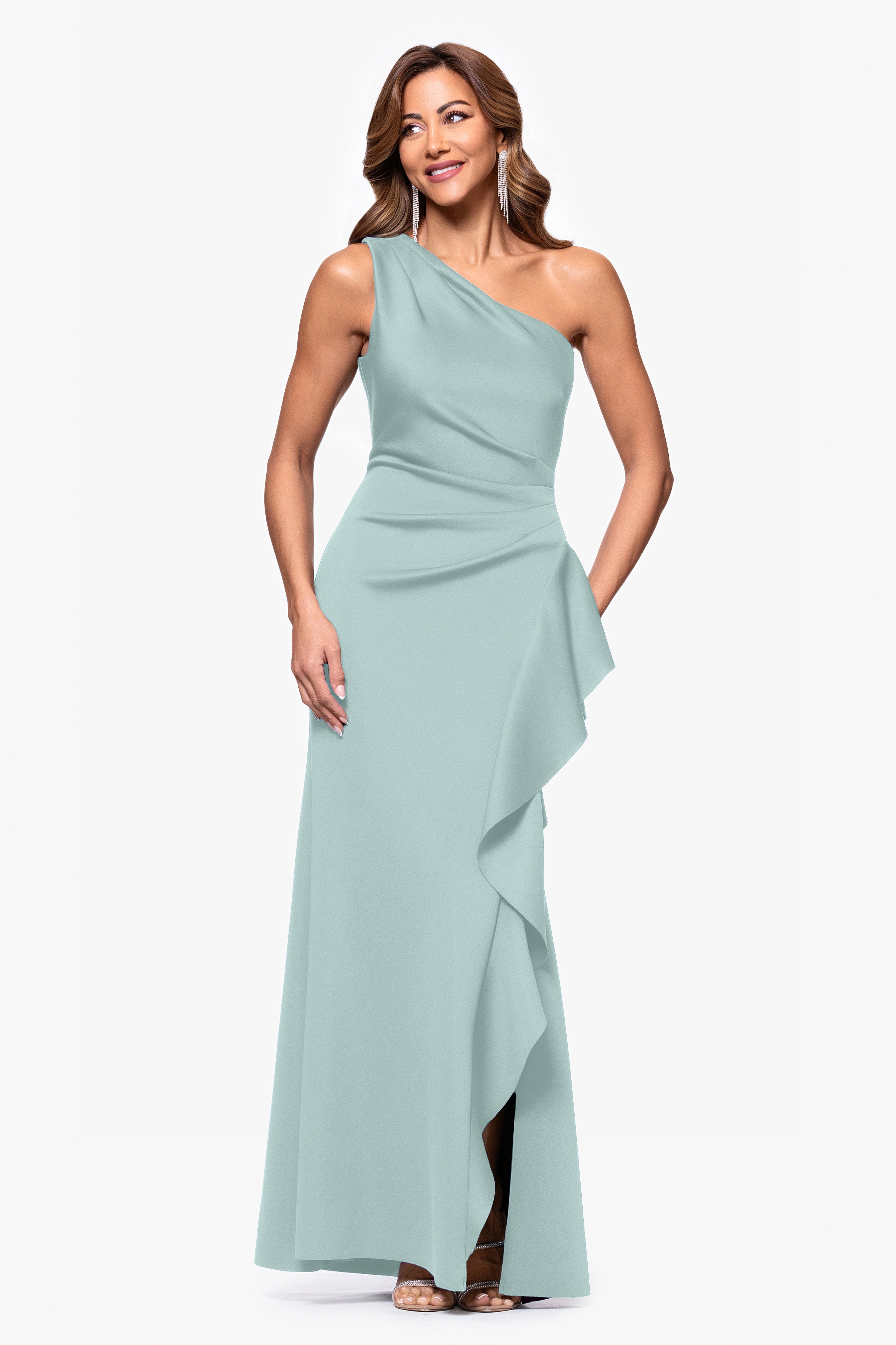 "Flo" Long Techno Scuba One Shoulder Ruffle Dress
