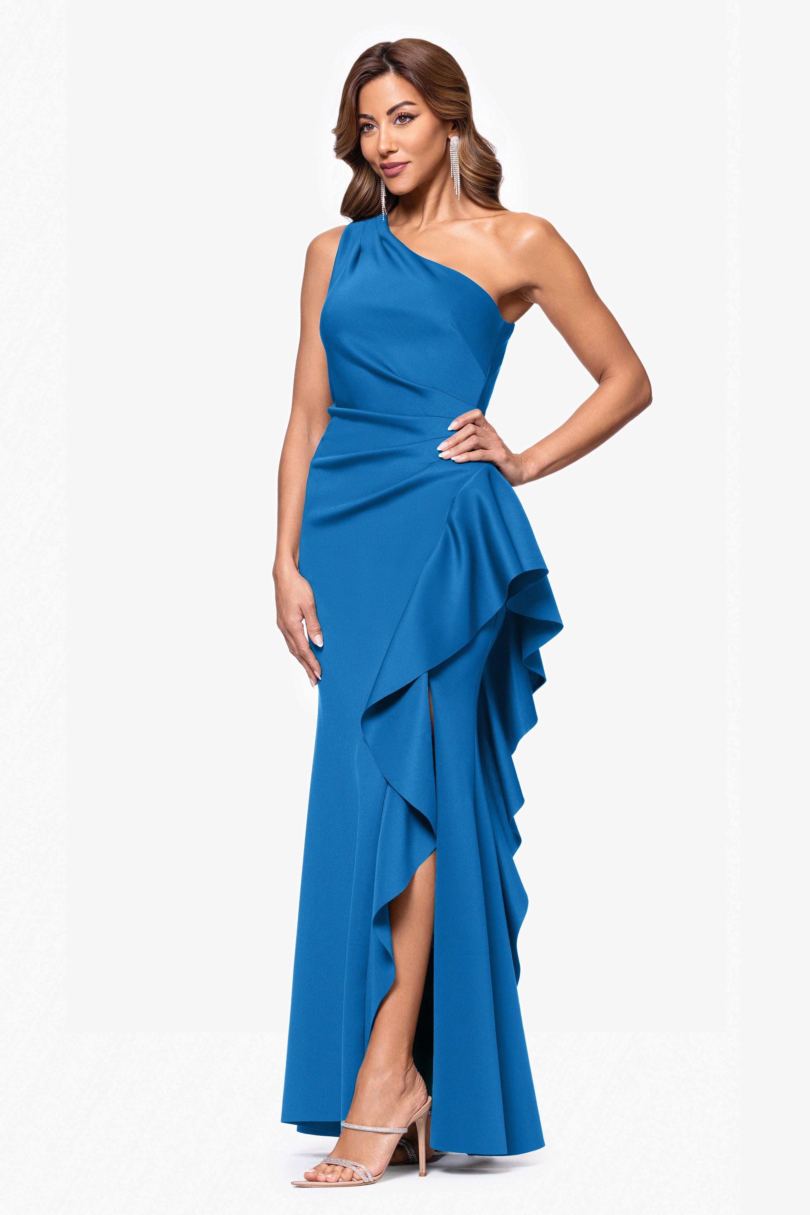 "Flo" Long Techno Scuba One Shoulder Ruffle Dress