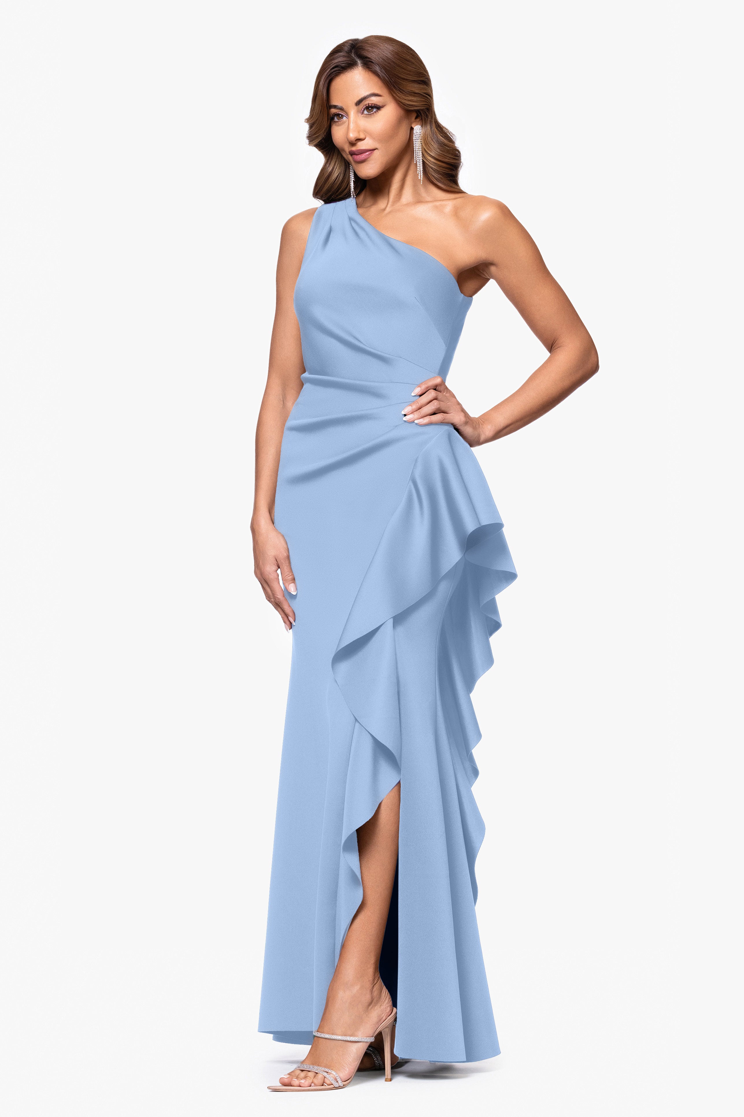 "Flo" Long Techno Scuba One Shoulder Ruffle Dress