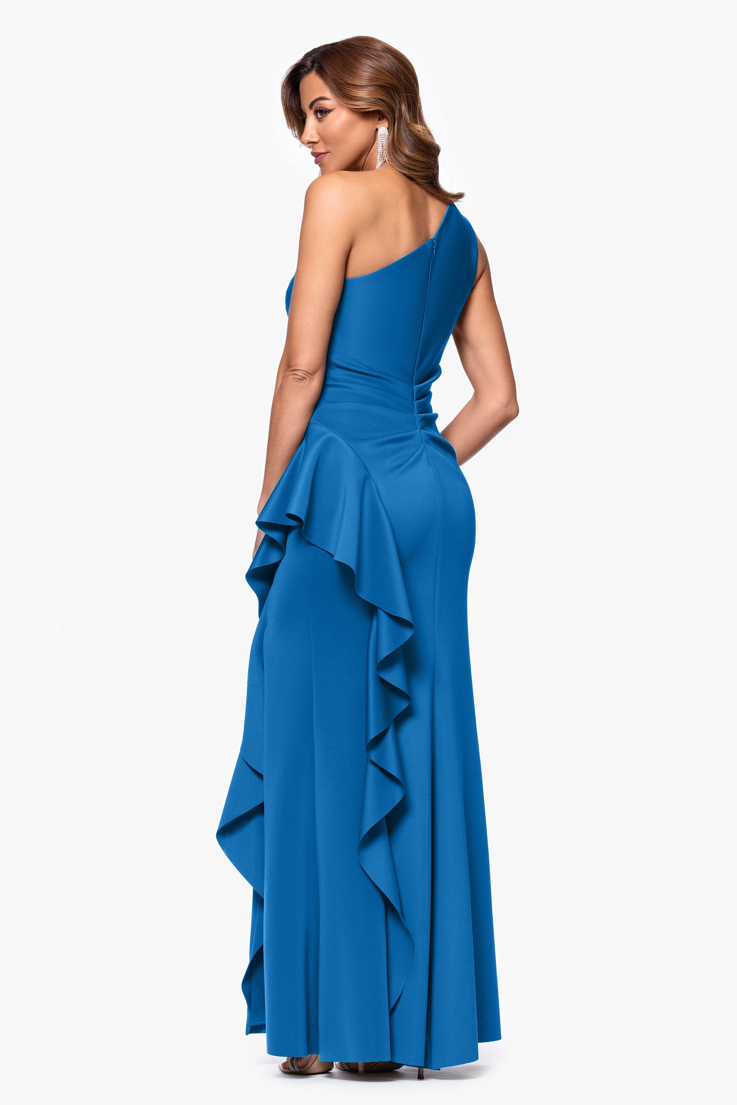 Petite "Flo" Long Techno Scuba One Shoulder Ruffle Dress