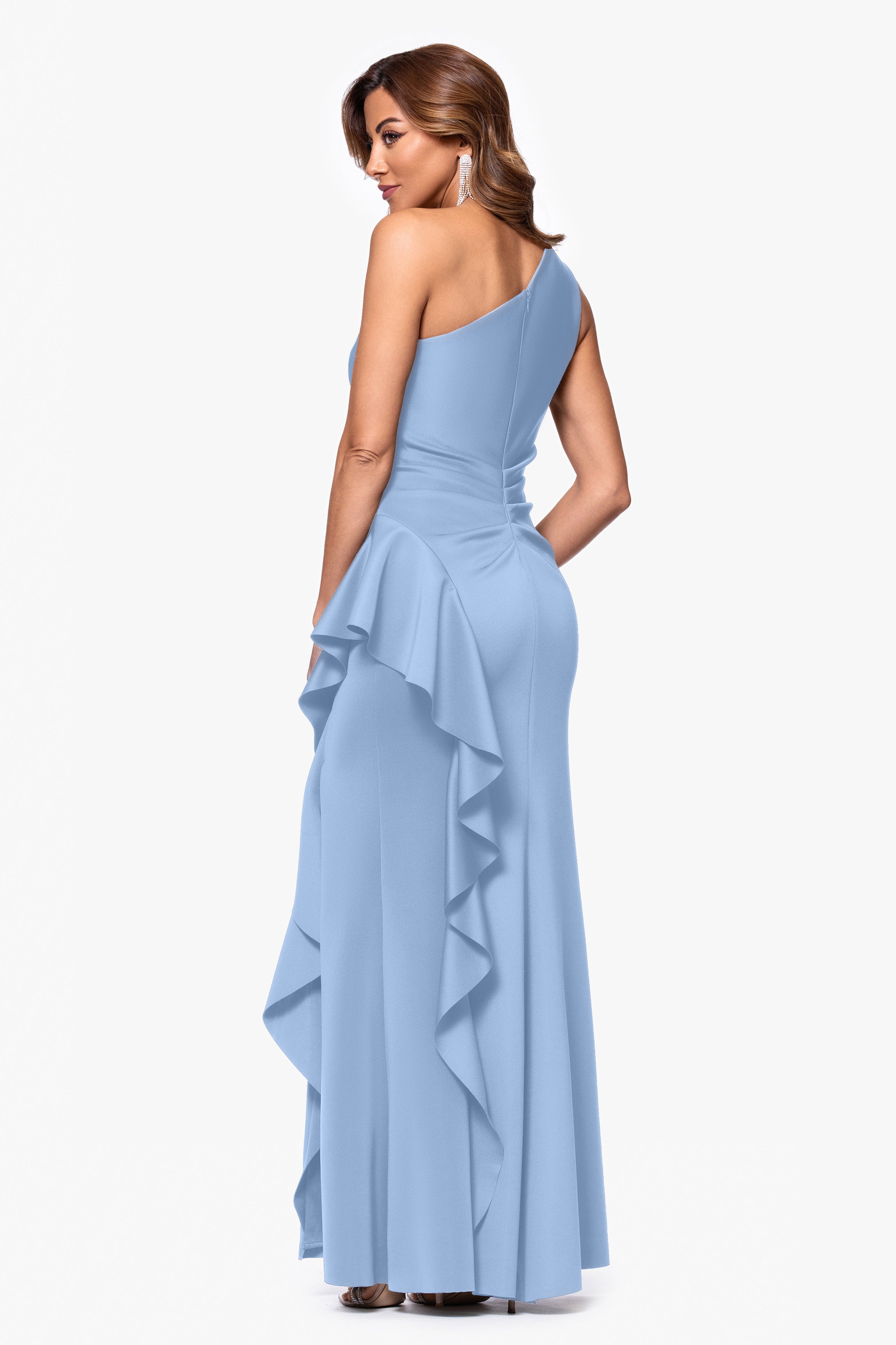 "Flo" Long Techno Scuba One Shoulder Ruffle Dress