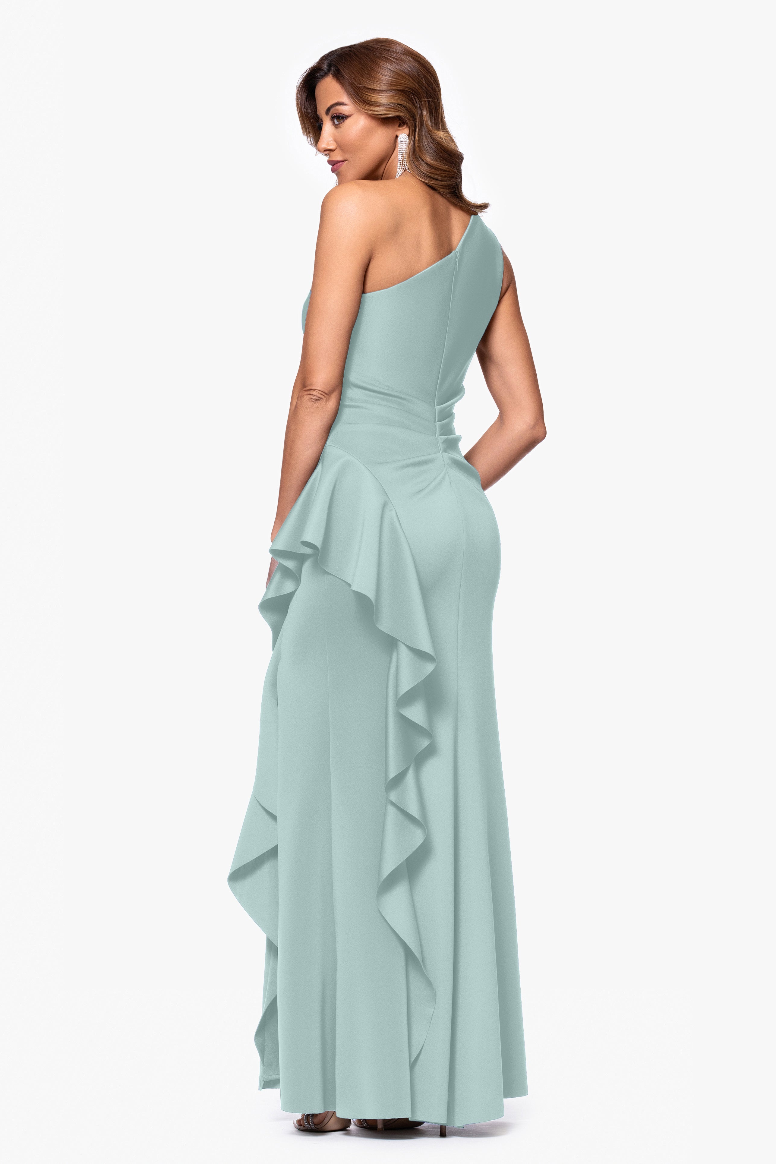 "Flo" Long Techno Scuba One Shoulder Ruffle Dress