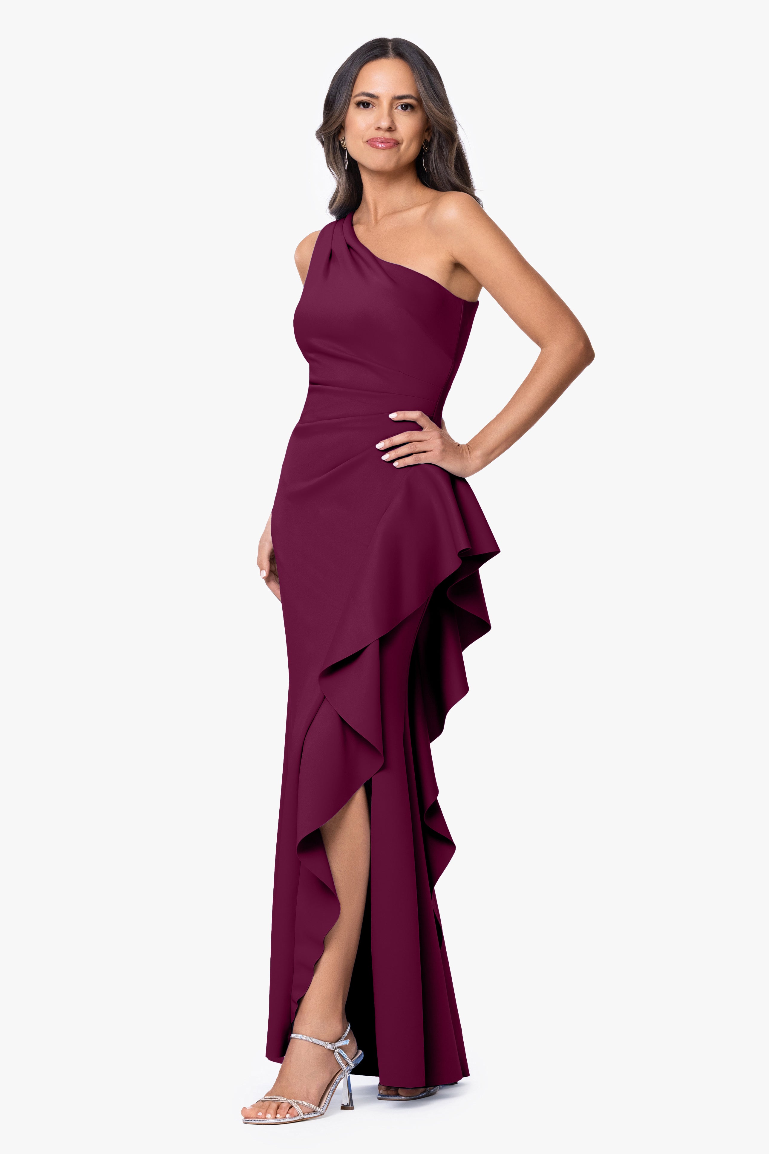 "Flo" Long Techno Scuba One Shoulder Ruffle Dress