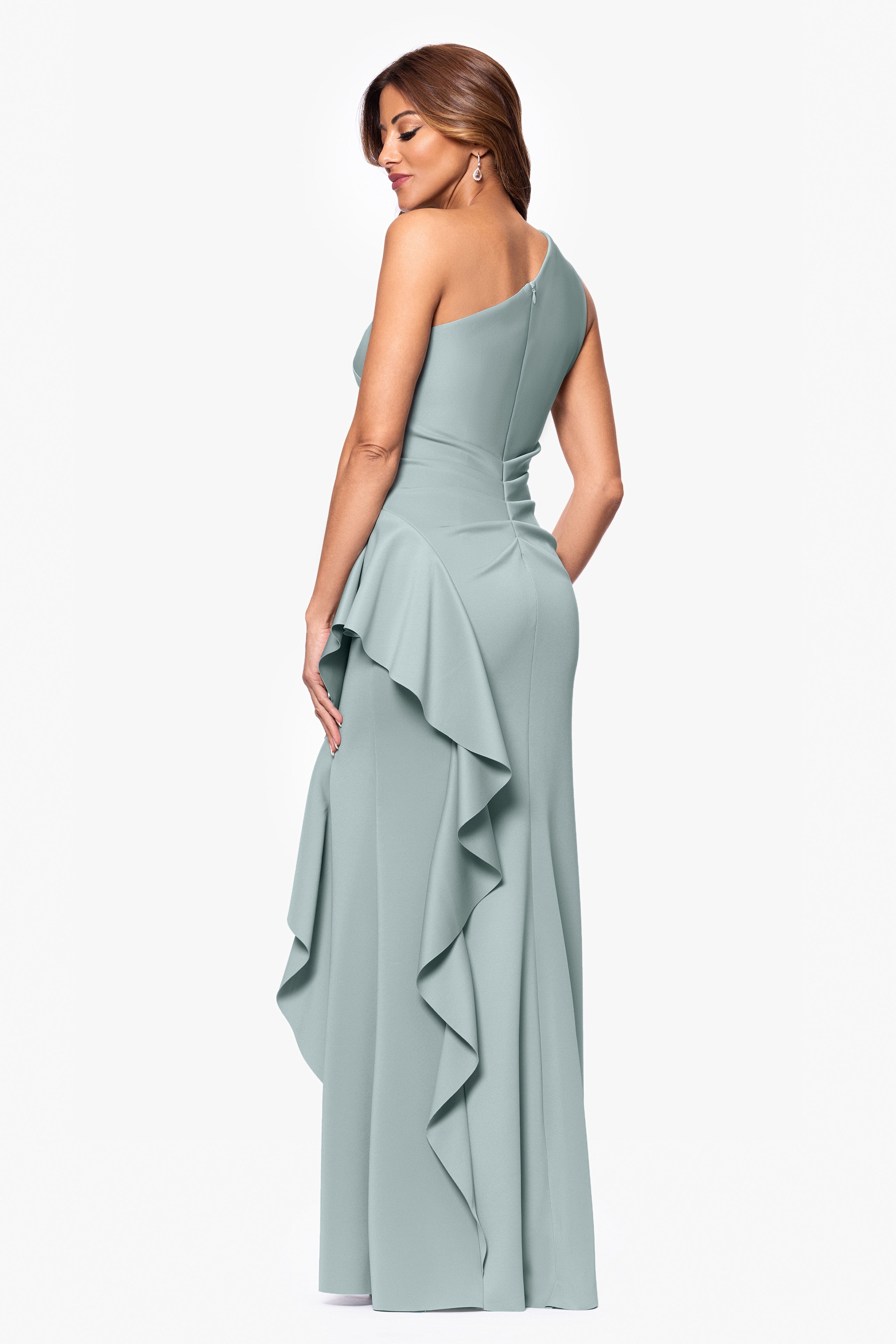 Petite "Flo" Long Techno Scuba One Shoulder Ruffle Dress