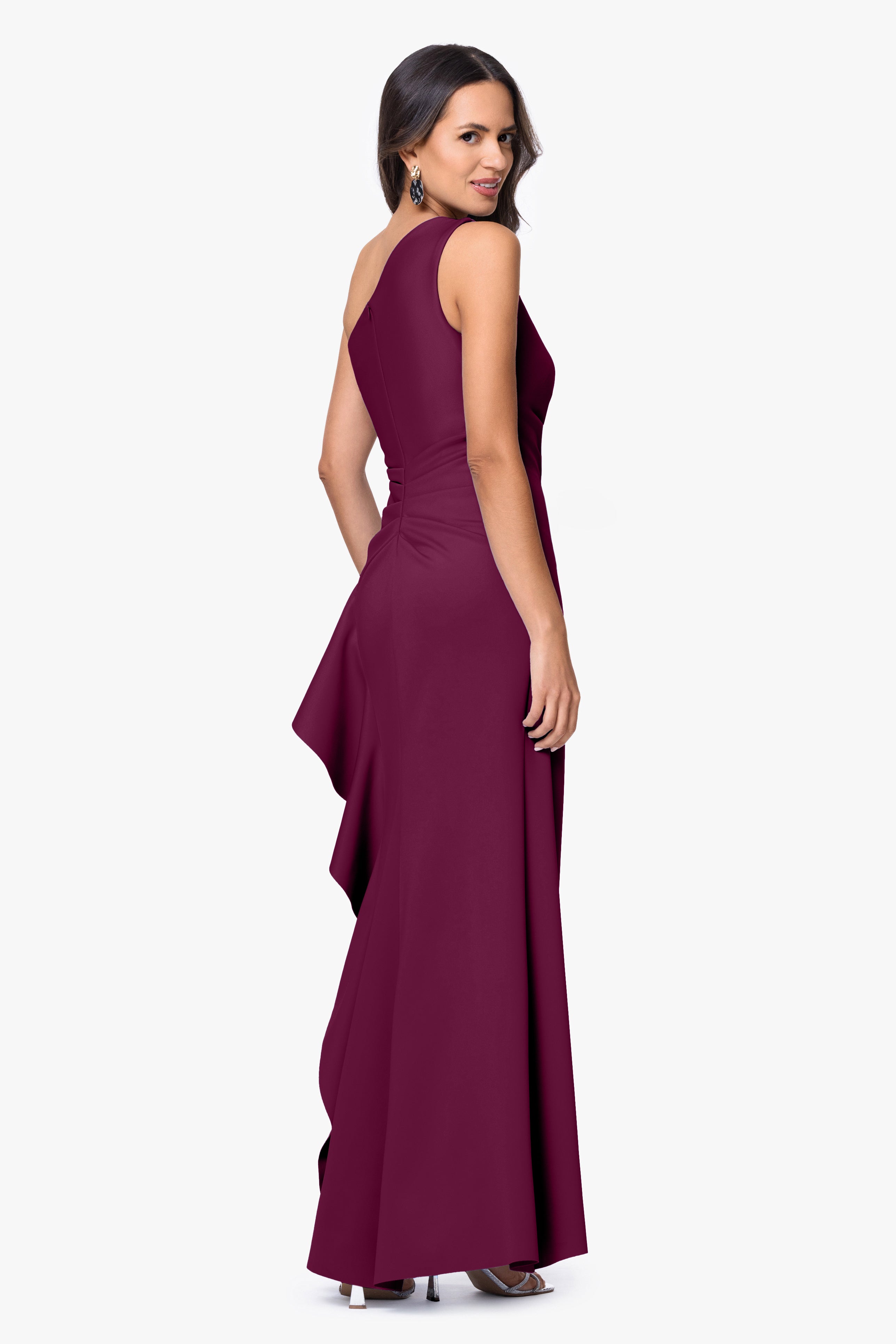 "Flo" Long Techno Scuba One Shoulder Ruffle Dress