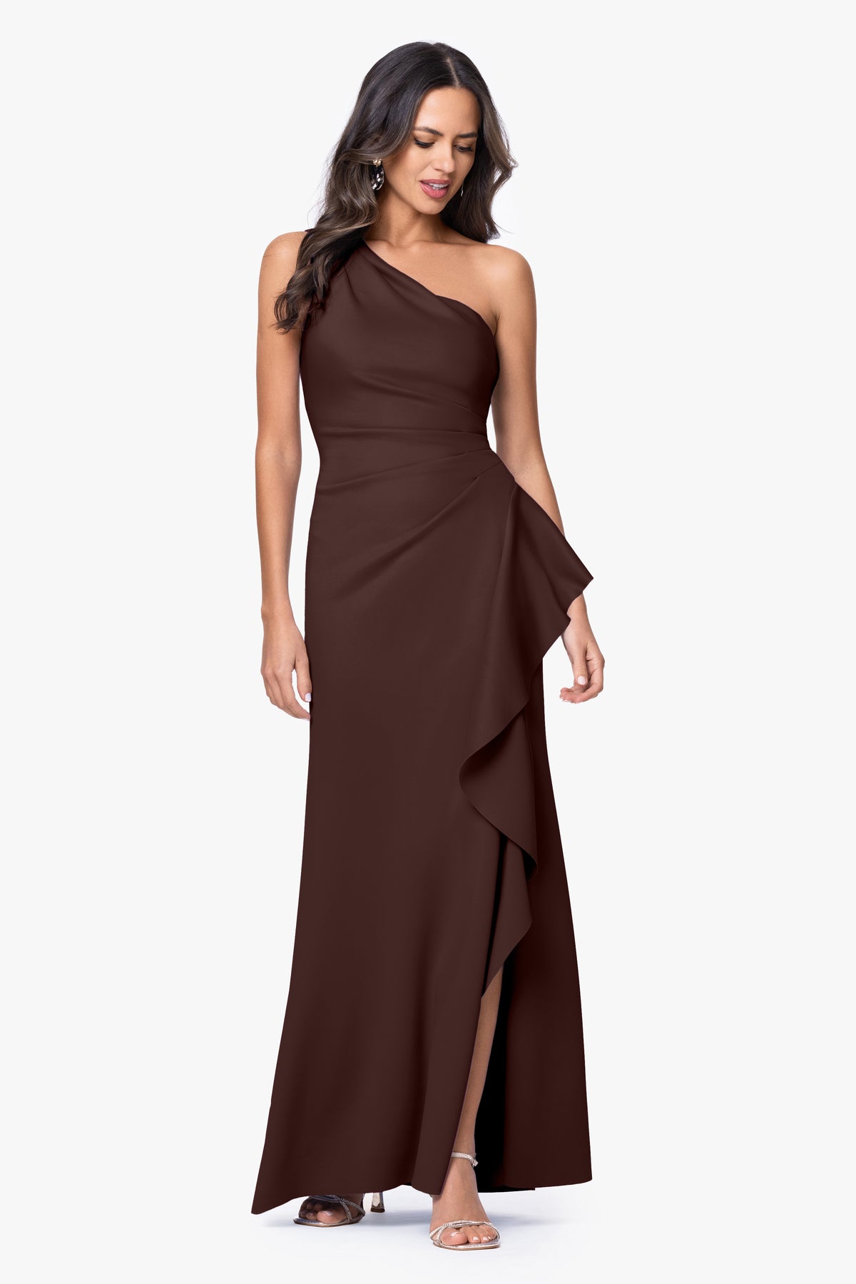 Petite "Flo" Long Techno Scuba One Shoulder Ruffle Dress