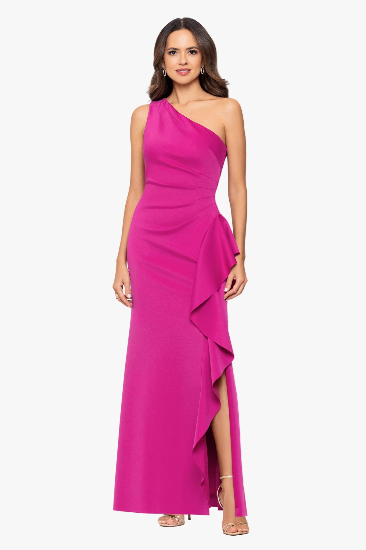 "Flo" Long Techno Scuba One Shoulder Ruffle Dress