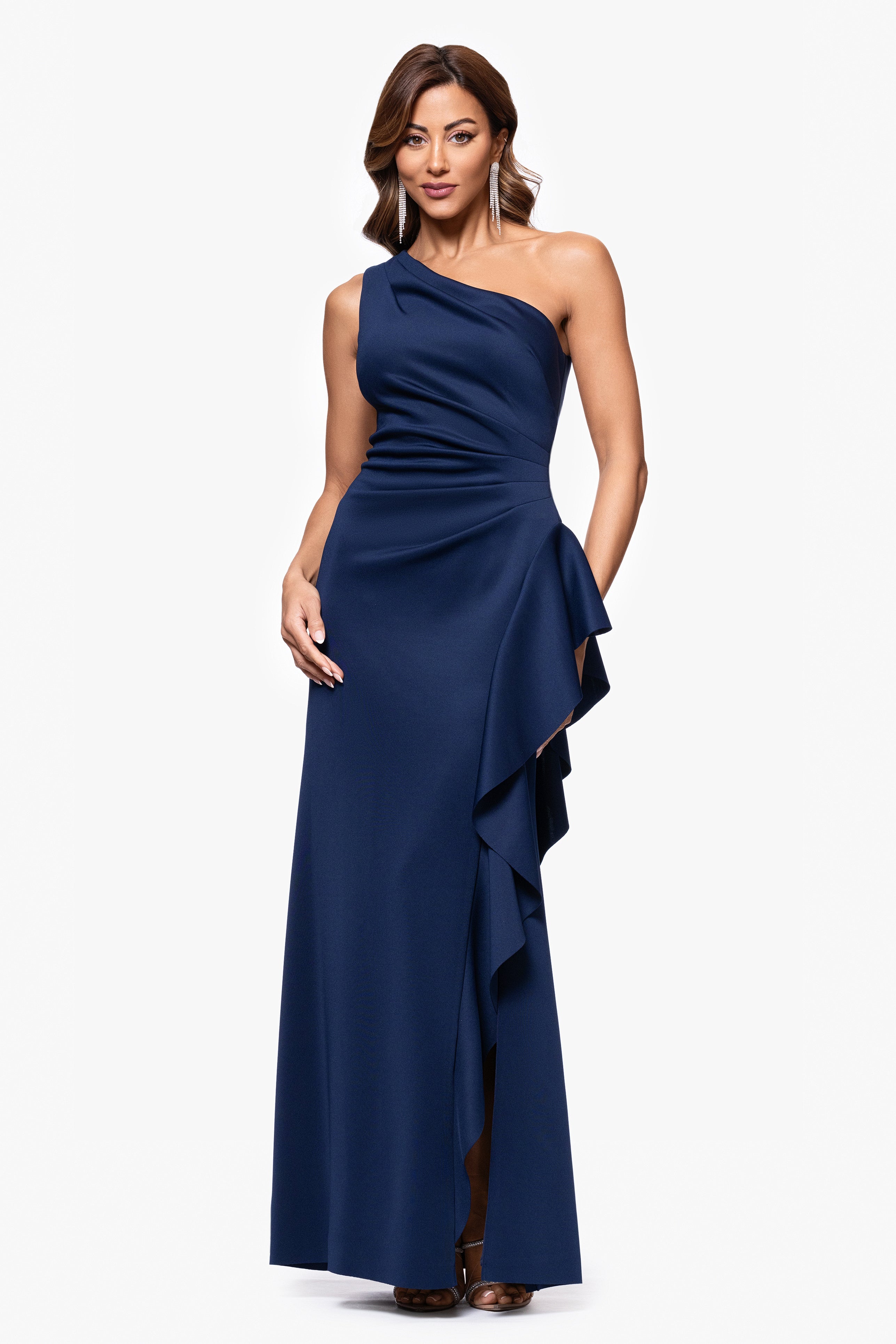 "Flo" Long Techno Scuba One Shoulder Ruffle Dress