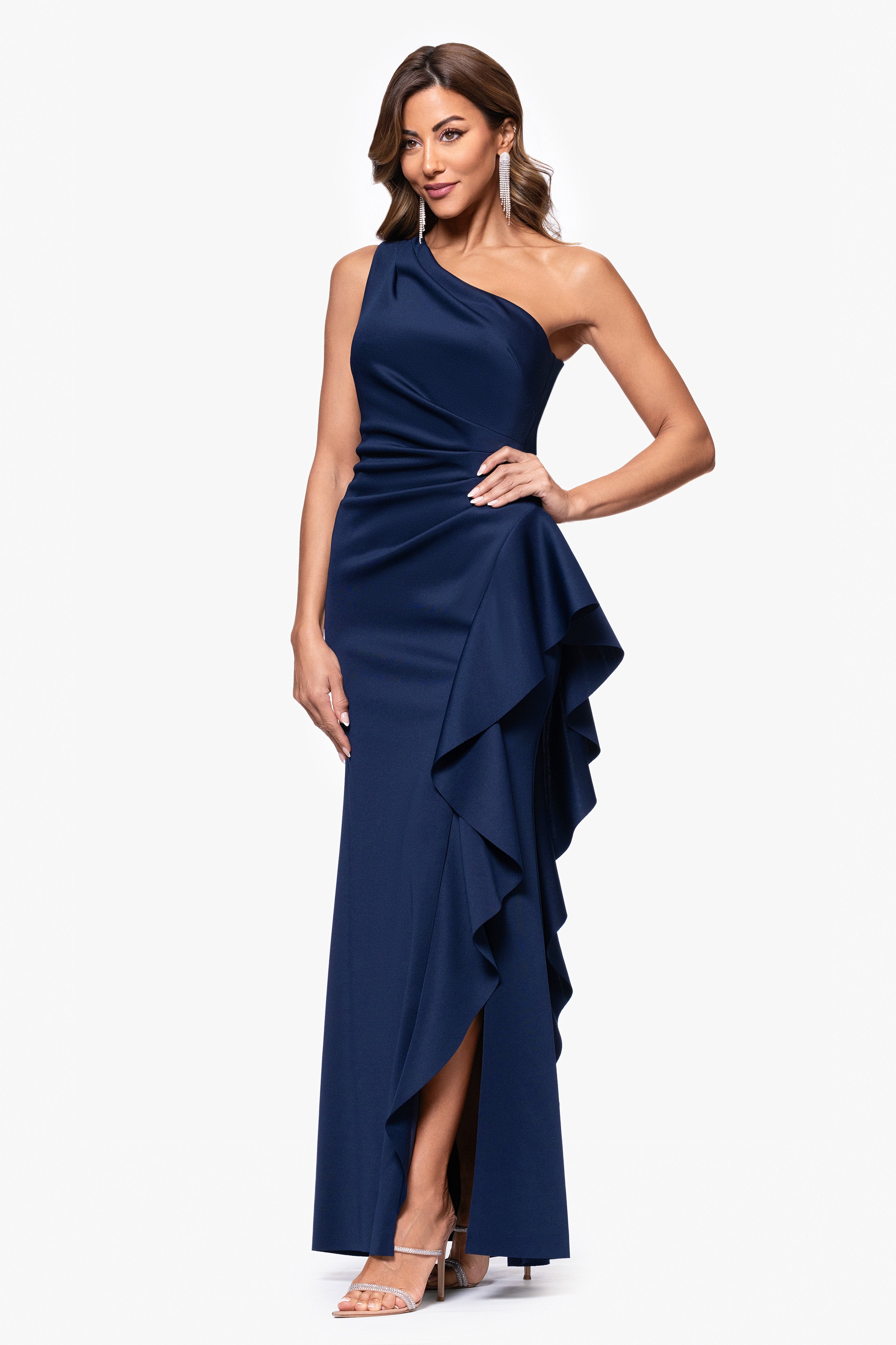 Petite "Flo" Long Techno Scuba One Shoulder Ruffle Dress