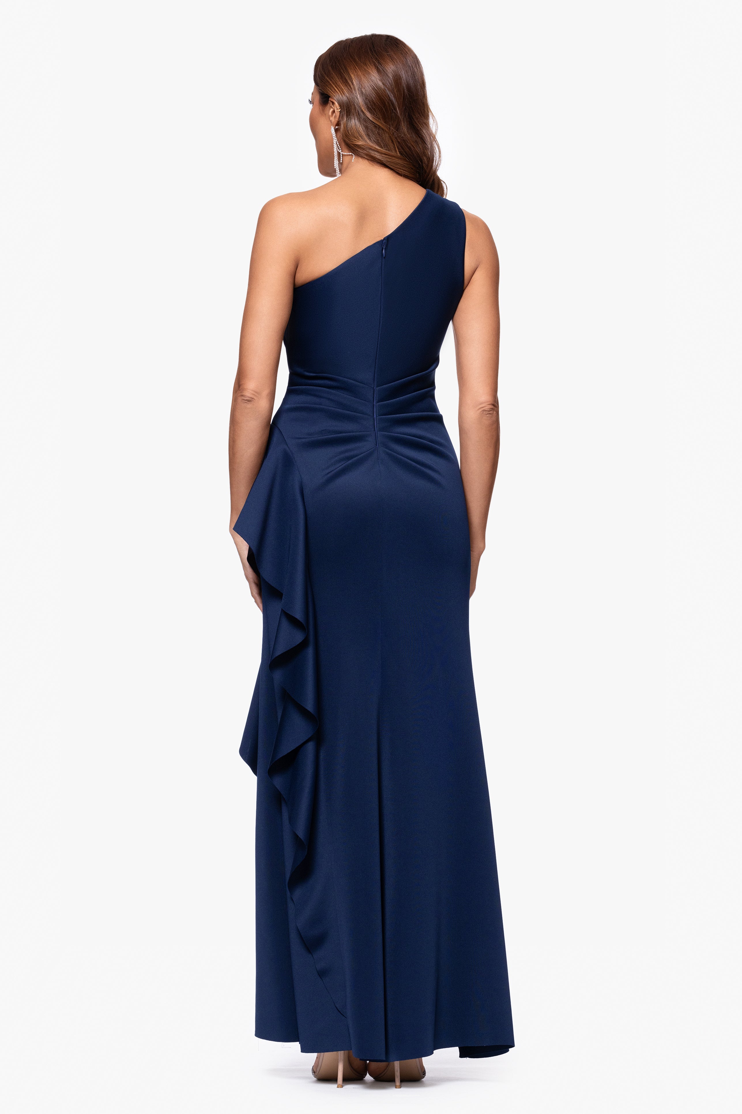 "Flo" Long Techno Scuba One Shoulder Ruffle Dress