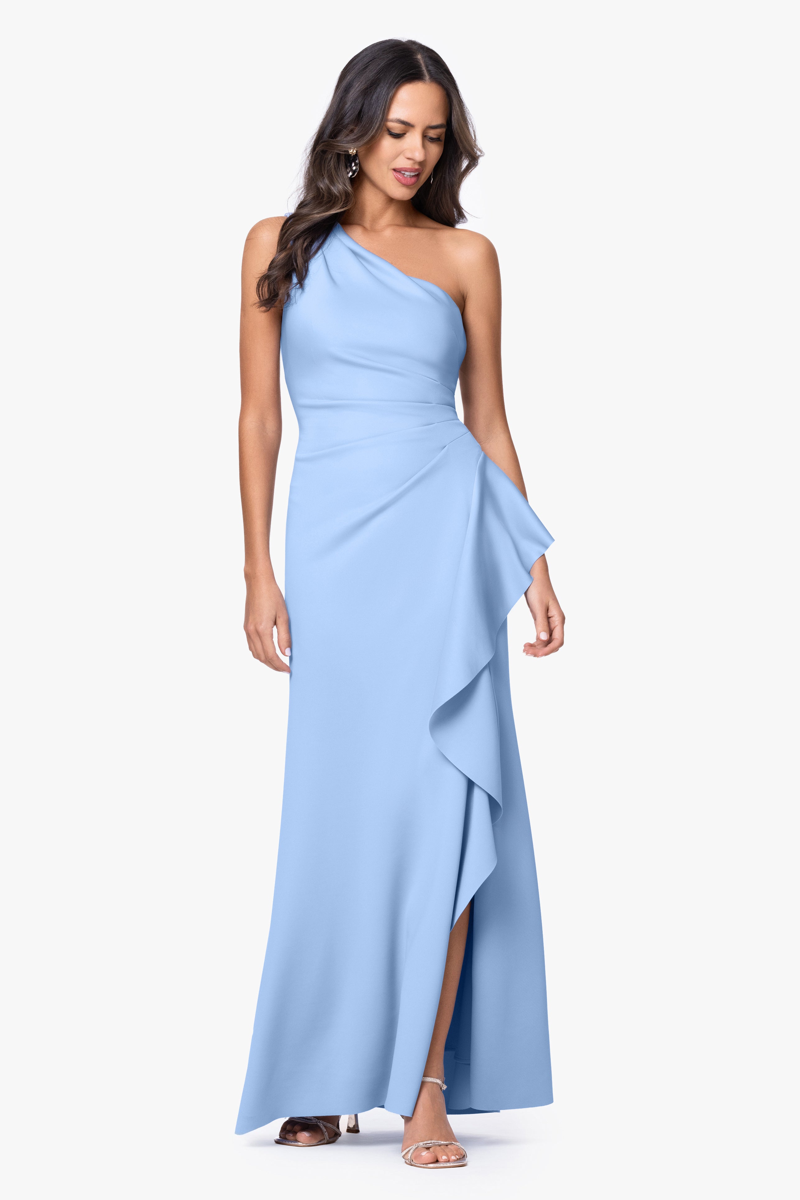 Petite "Flo" Long Techno Scuba One Shoulder Ruffle Dress