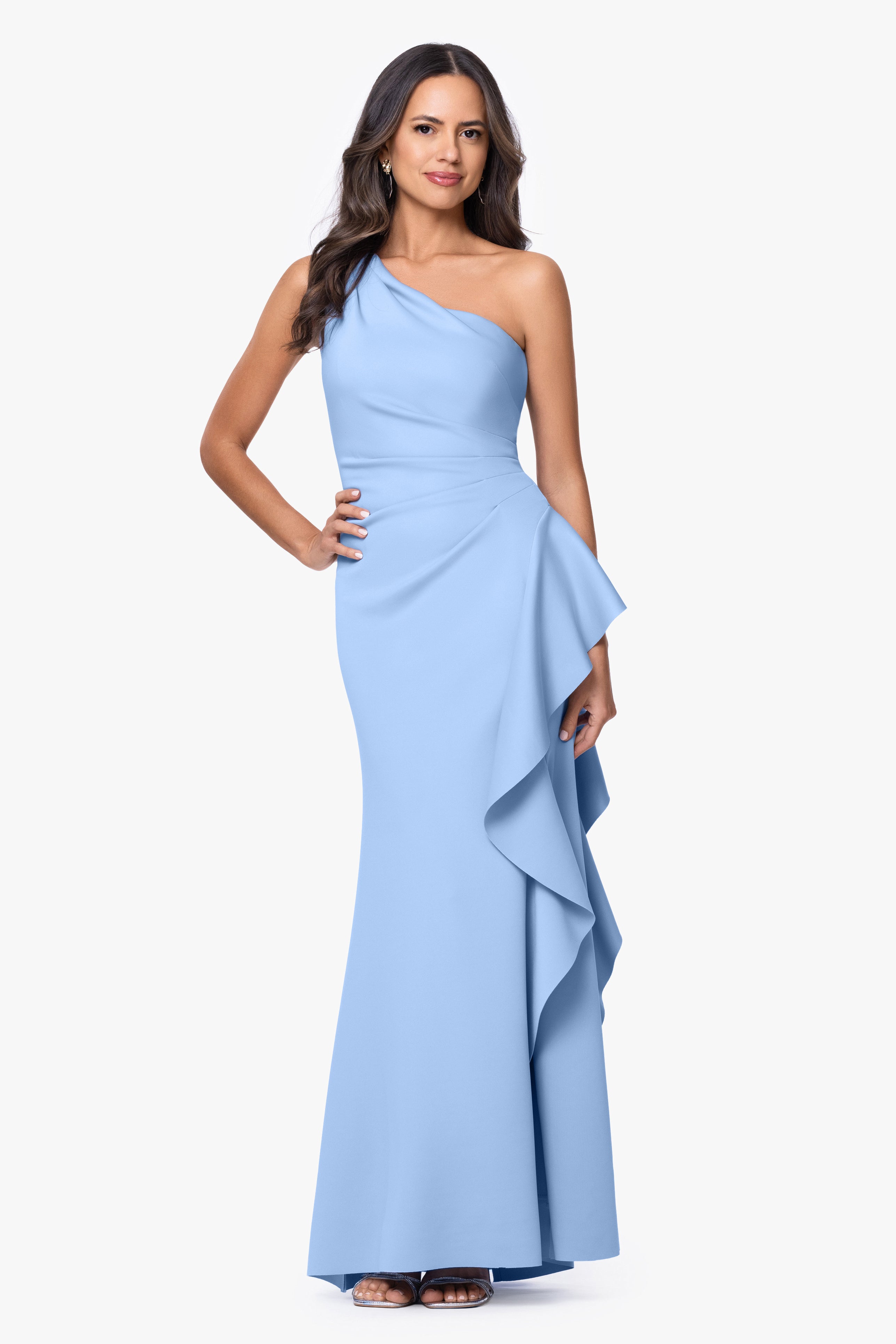 Petite "Flo" Long Techno Scuba One Shoulder Ruffle Dress