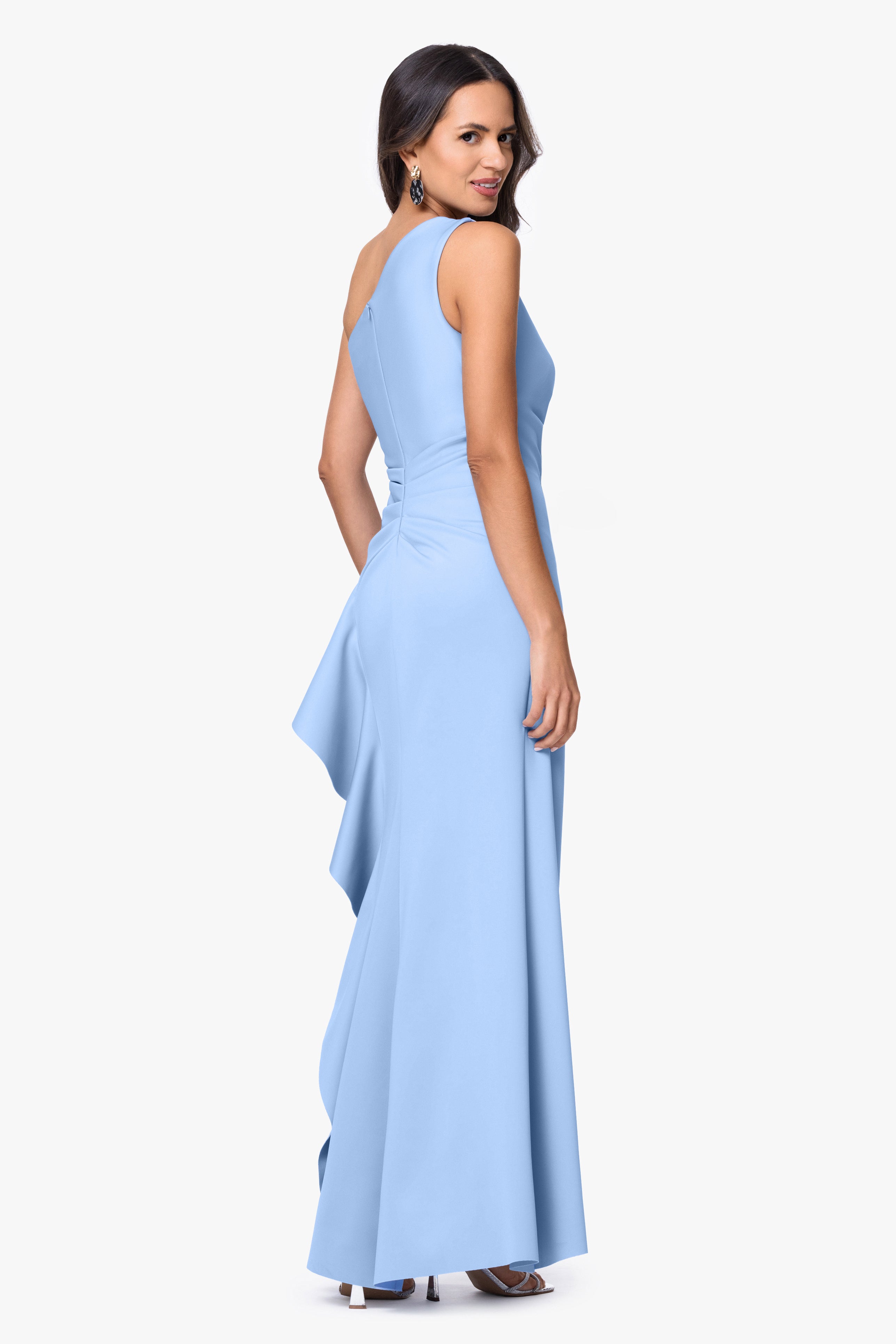Petite "Flo" Long Techno Scuba One Shoulder Ruffle Dress