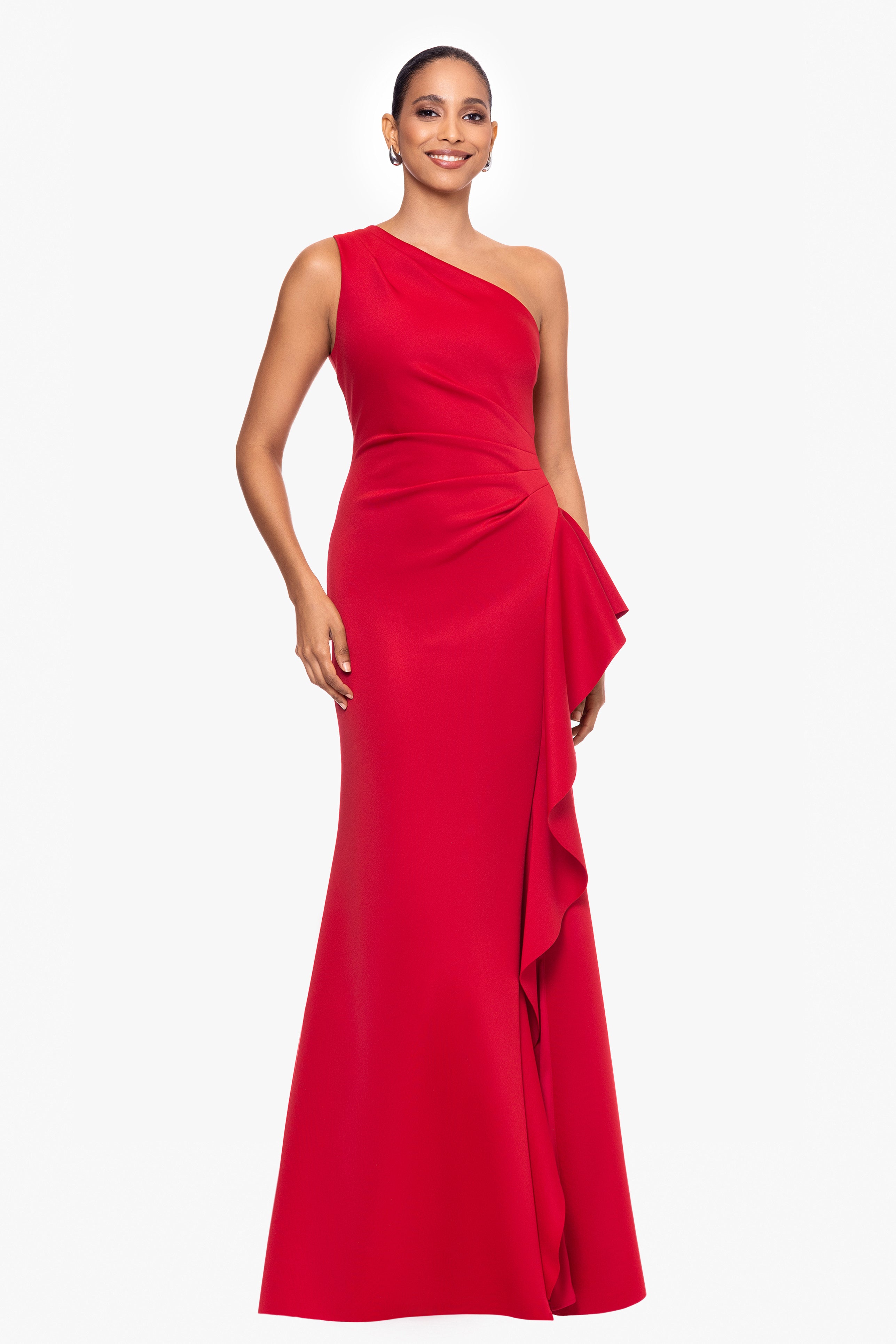 "Flo" Long Techno Scuba One Shoulder Ruffle Dress