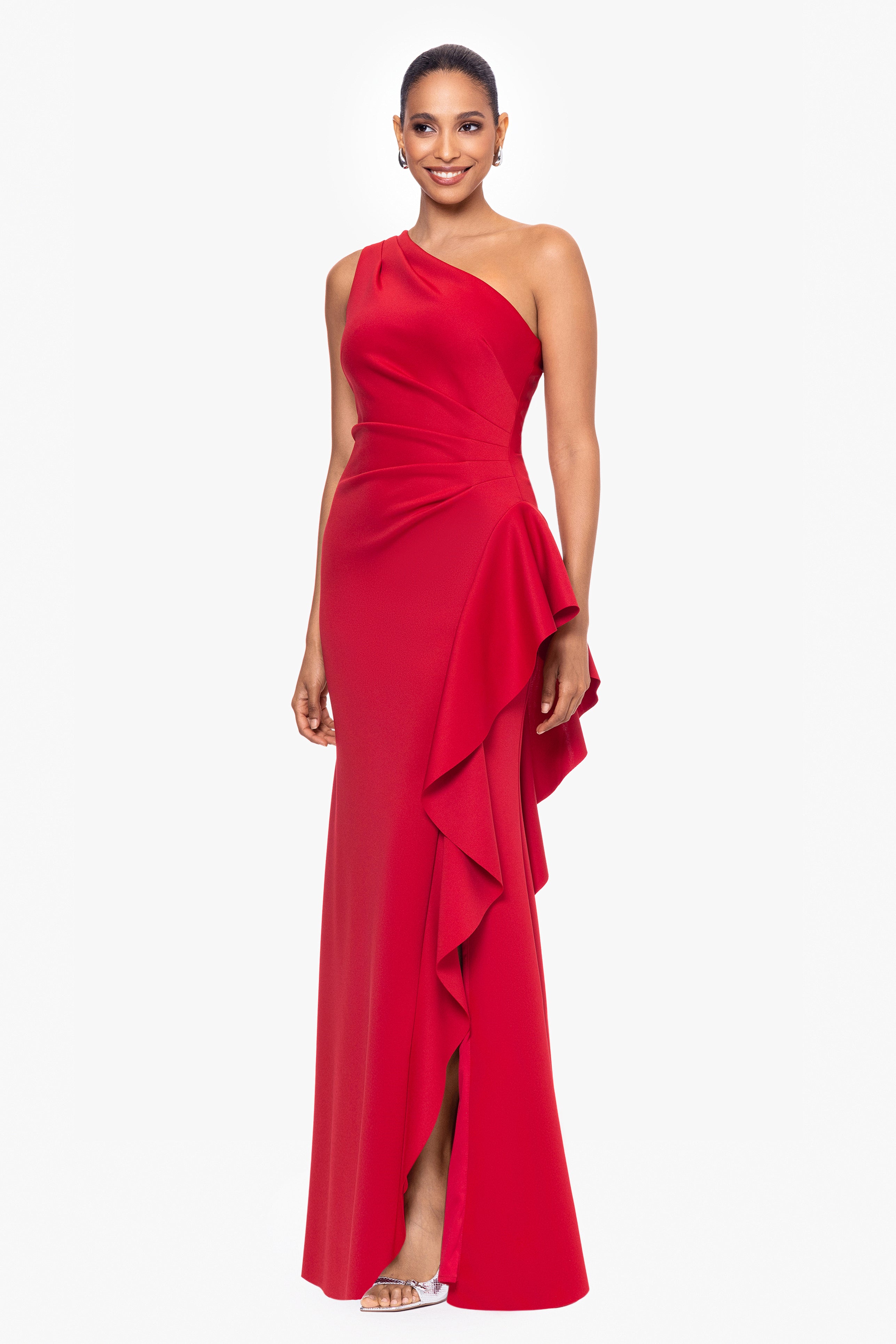 "Flo" Long Techno Scuba One Shoulder Ruffle Dress